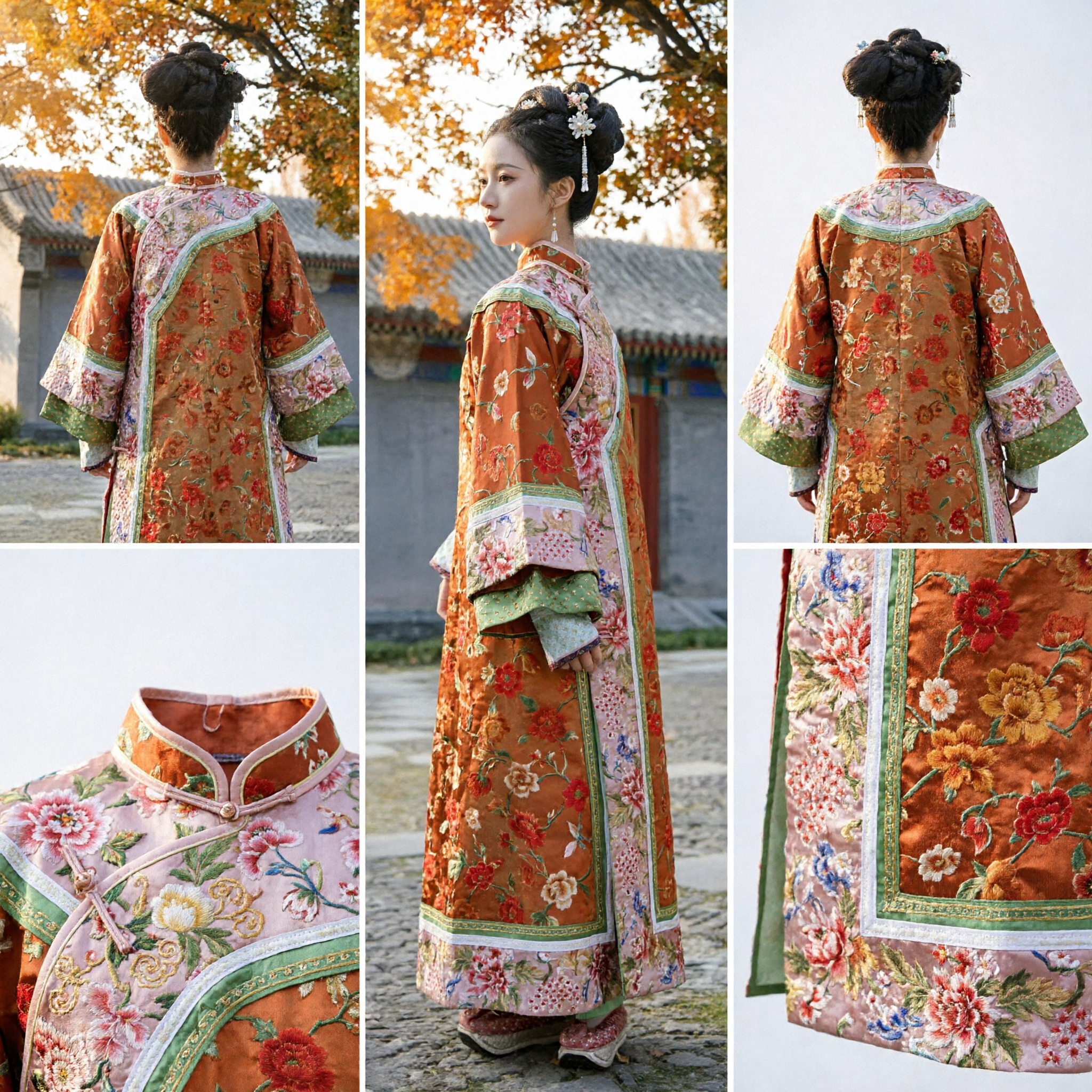 Traditional Chinese Qing Dynasty Court Lady Costume Orange Embroidered Robe Ancient Manchu Clothing for Women