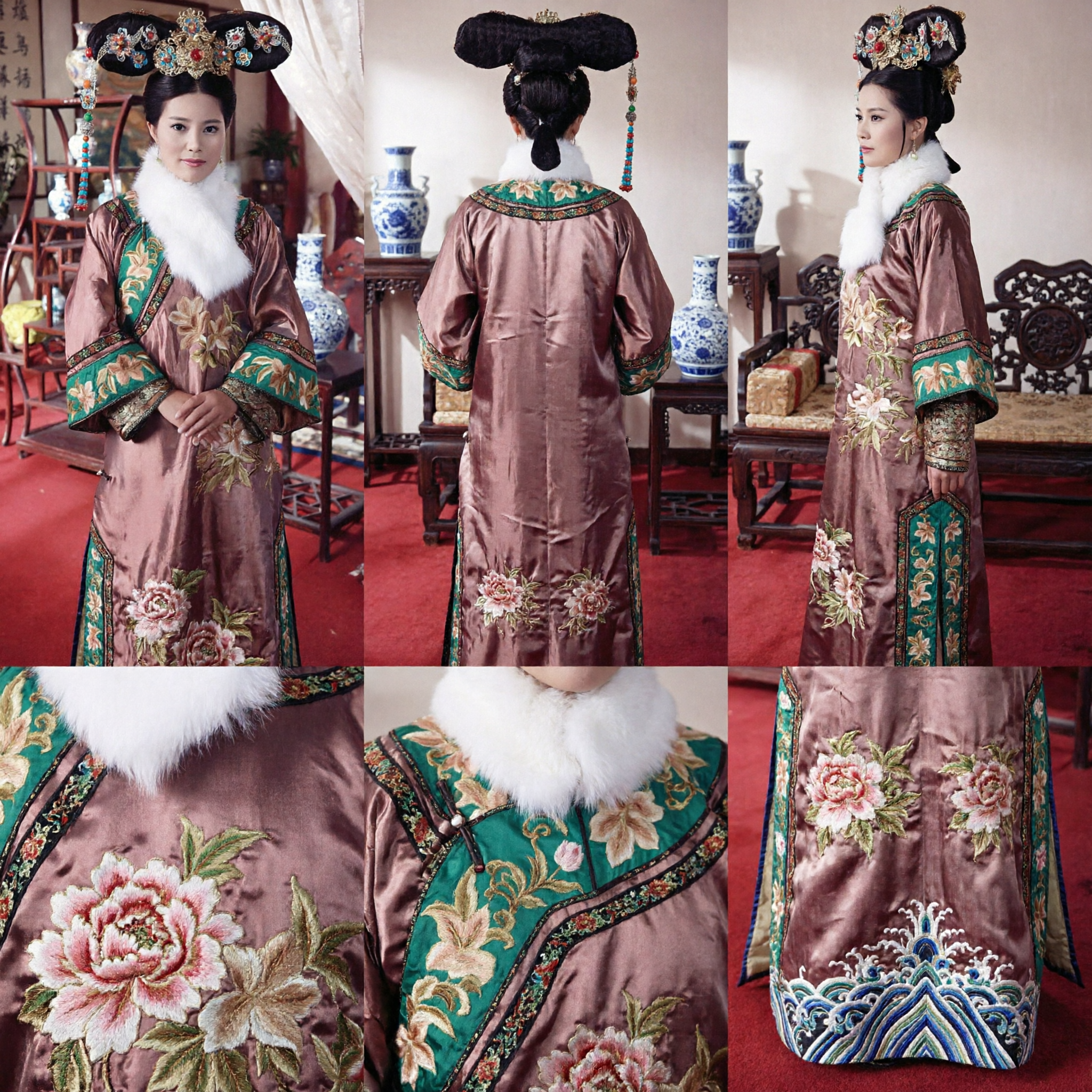 Women's Qing Dynasty Manchu Empress Costume Traditional Chinese Ancient Palace Lady Robe and Headdress Set