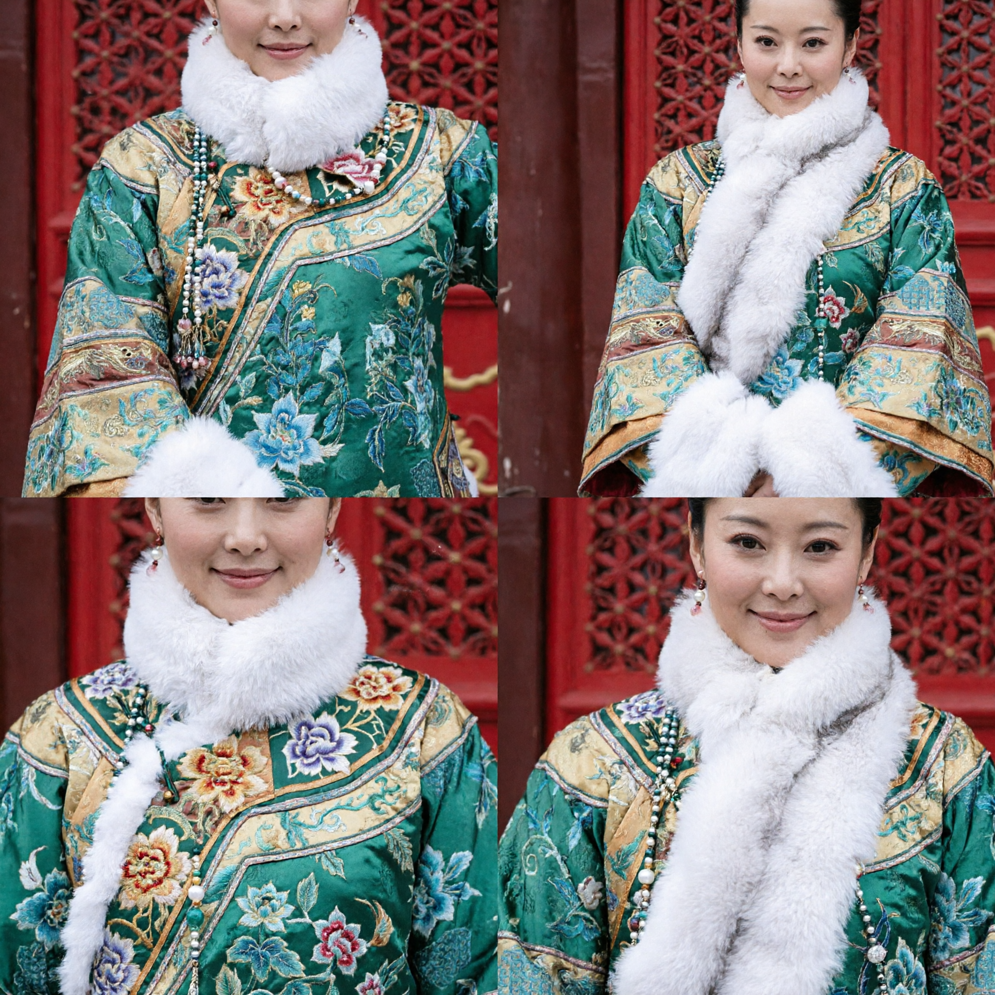 Ancient Chinese Qing Dynasty Green Embroidered Robe with White Fur Stole and Headdress for Women