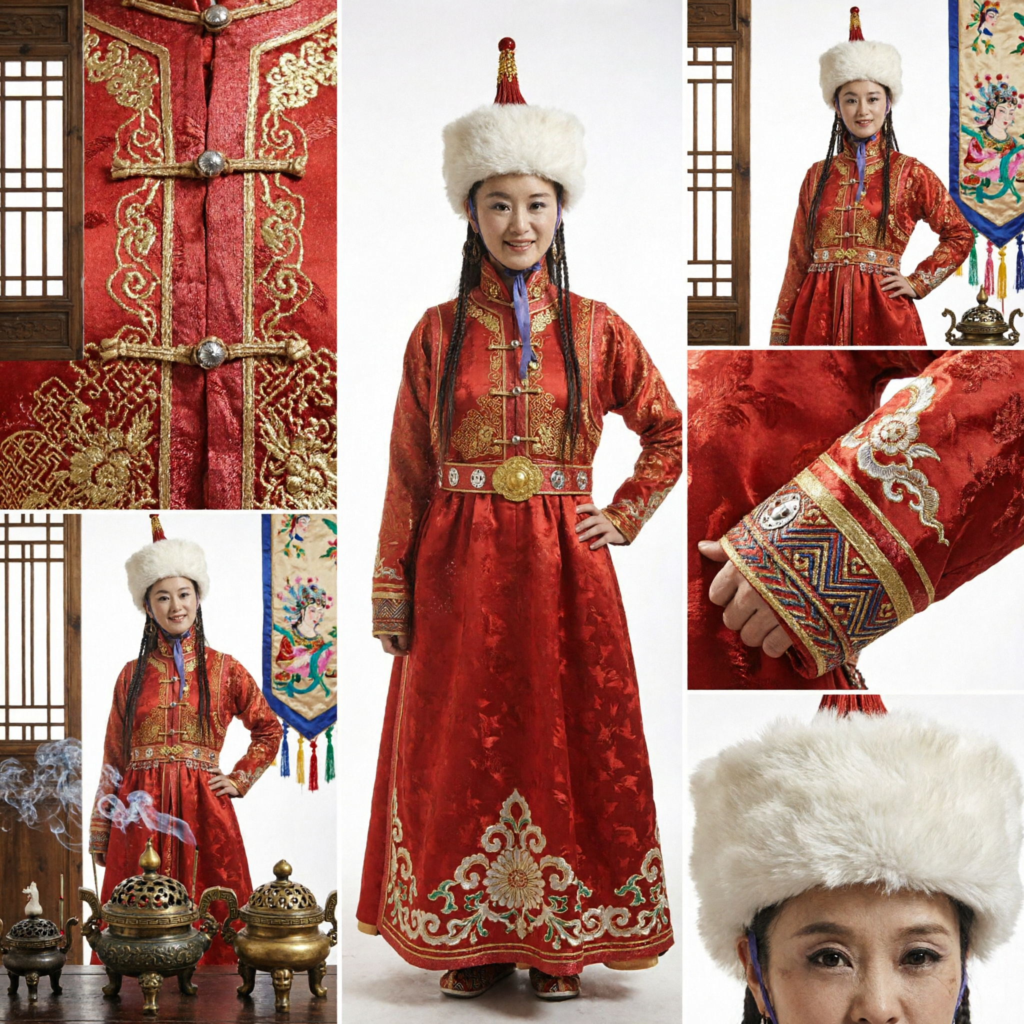 Traditional Mongolian Red Robe Costume for Women with White Fur Hat Ethnic Stage Performance Dress