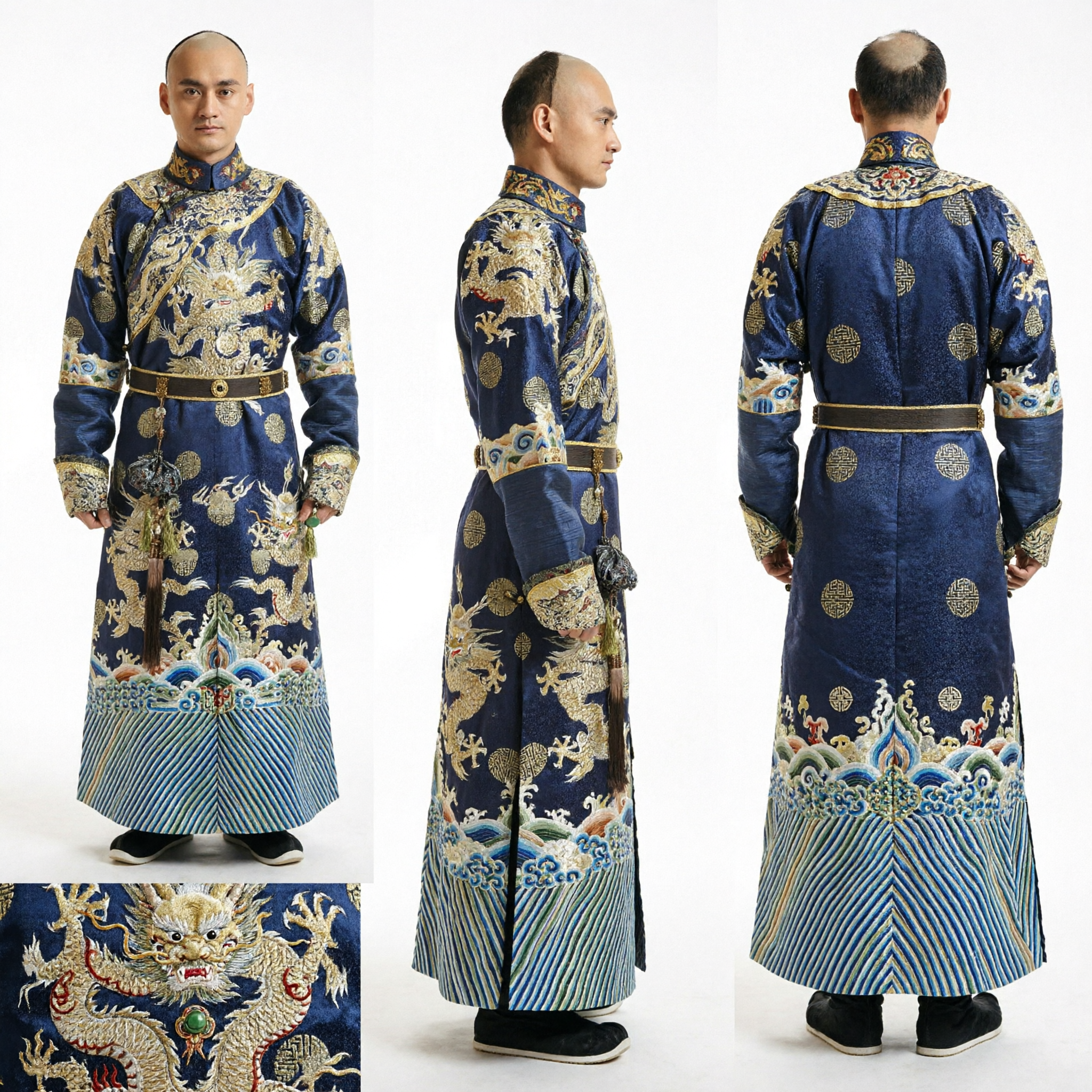 Men's Traditional Chinese Qing Dynasty Noble Blue Dragon Robe Gold Embroidered Changshan Cosplay Costume