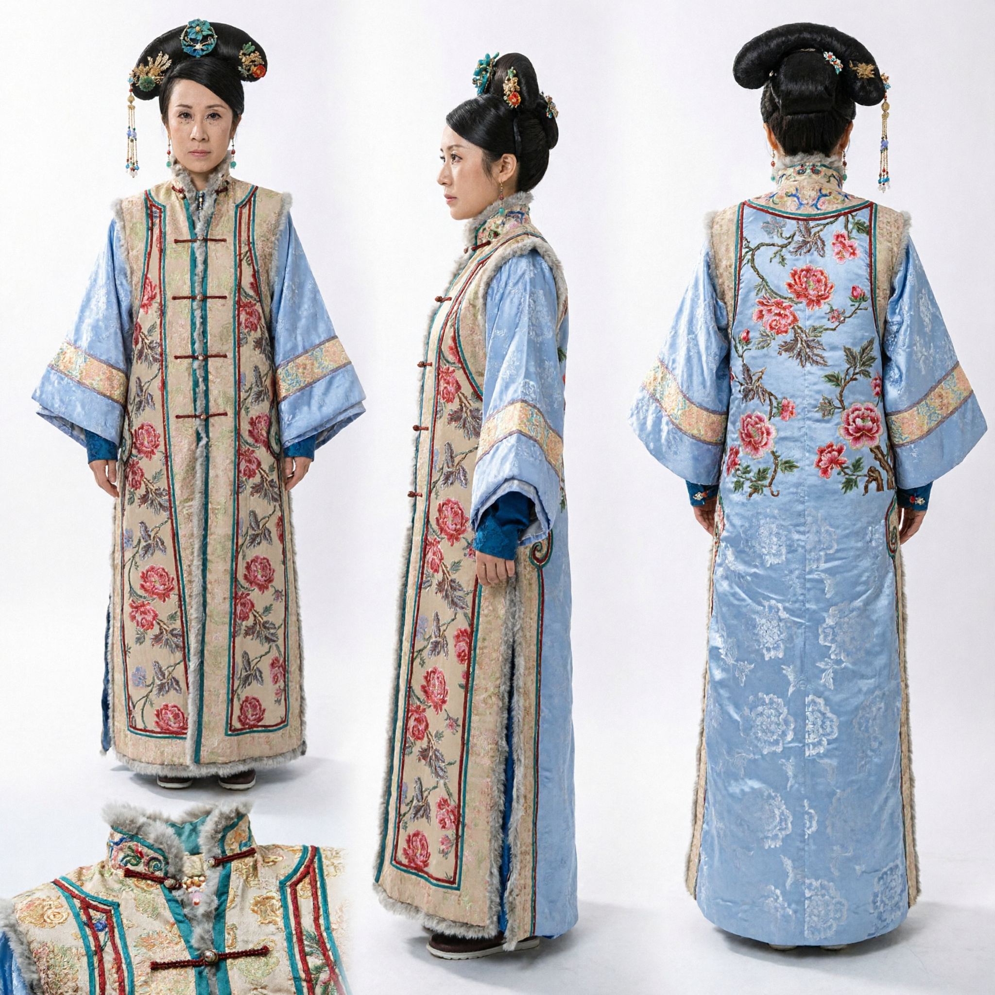 Ancient Chinese Qing Dynasty Manchu Princess Costume Traditional Embroidered Floral Vest and Robe for Women Stage Performance