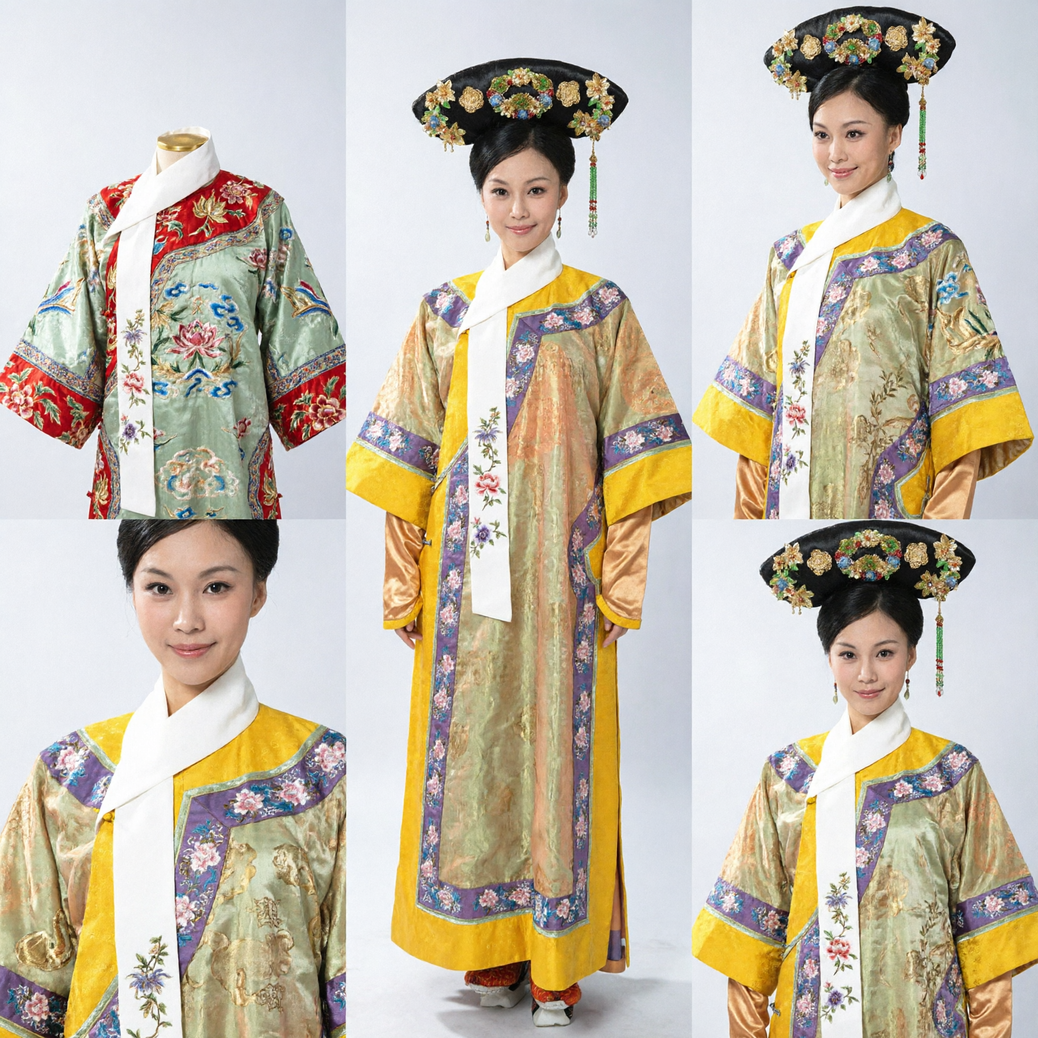 Traditional Chinese Qing Dynasty Palace Lady Costume Yellow Floral Robe and Manchu Headpiece for Women Cosplay Performance