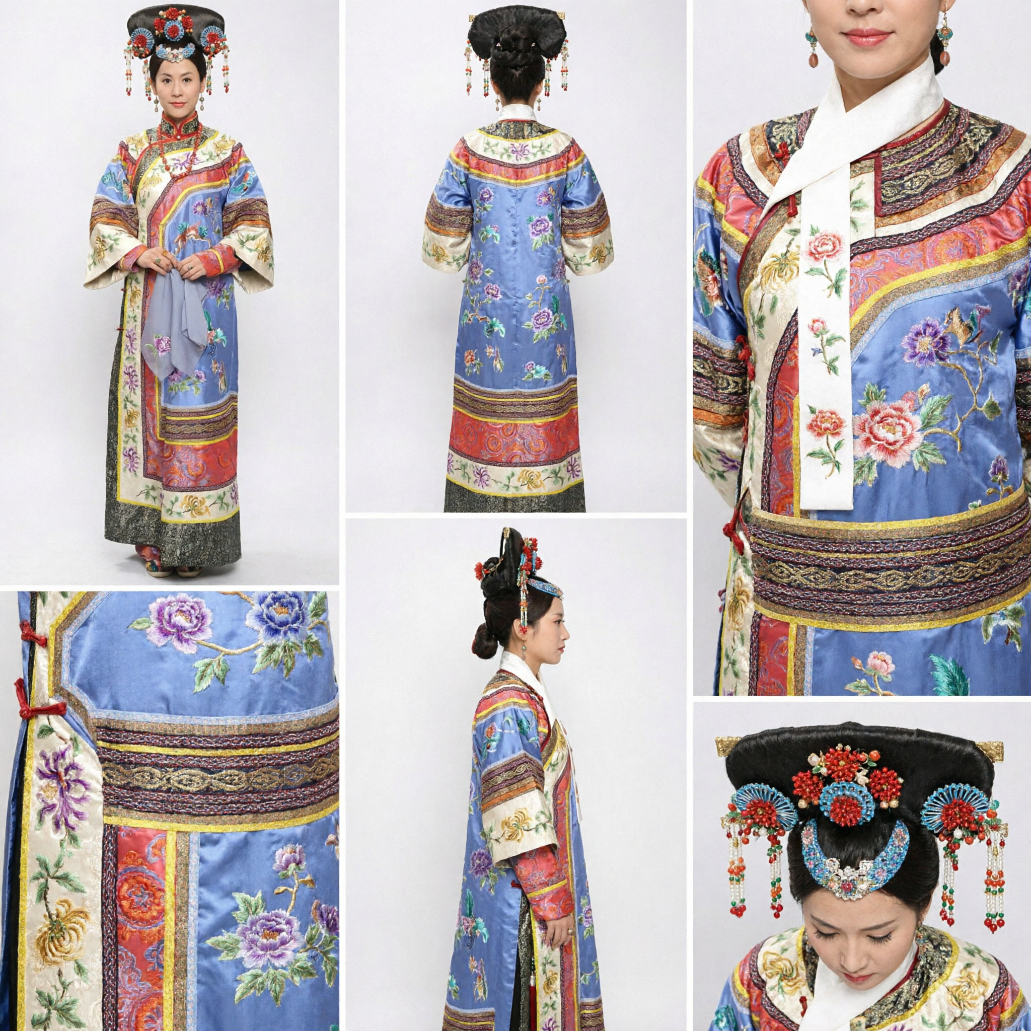 Traditional Chinese Qing Dynasty Manchu Noblewoman Costume Embroidered Blue Robe and Headdress Set for Women