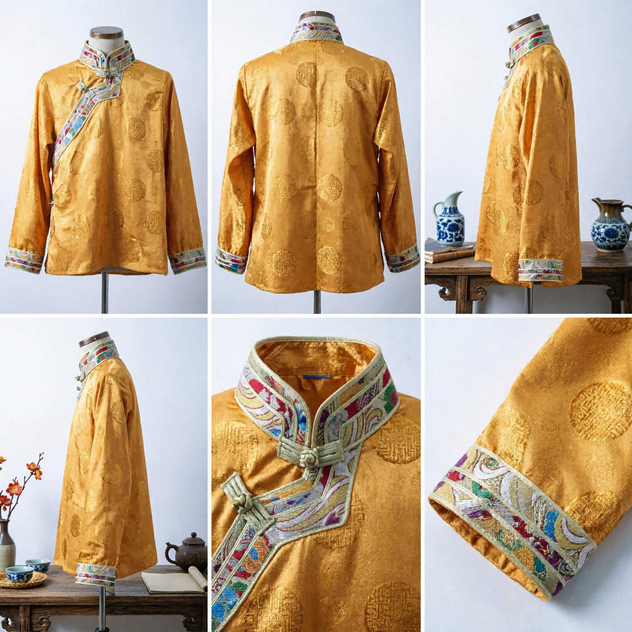 Men's Traditional Chinese Yellow Silk Brocade Tang Suit Top with Embroidered Collar for Weddings and Performances