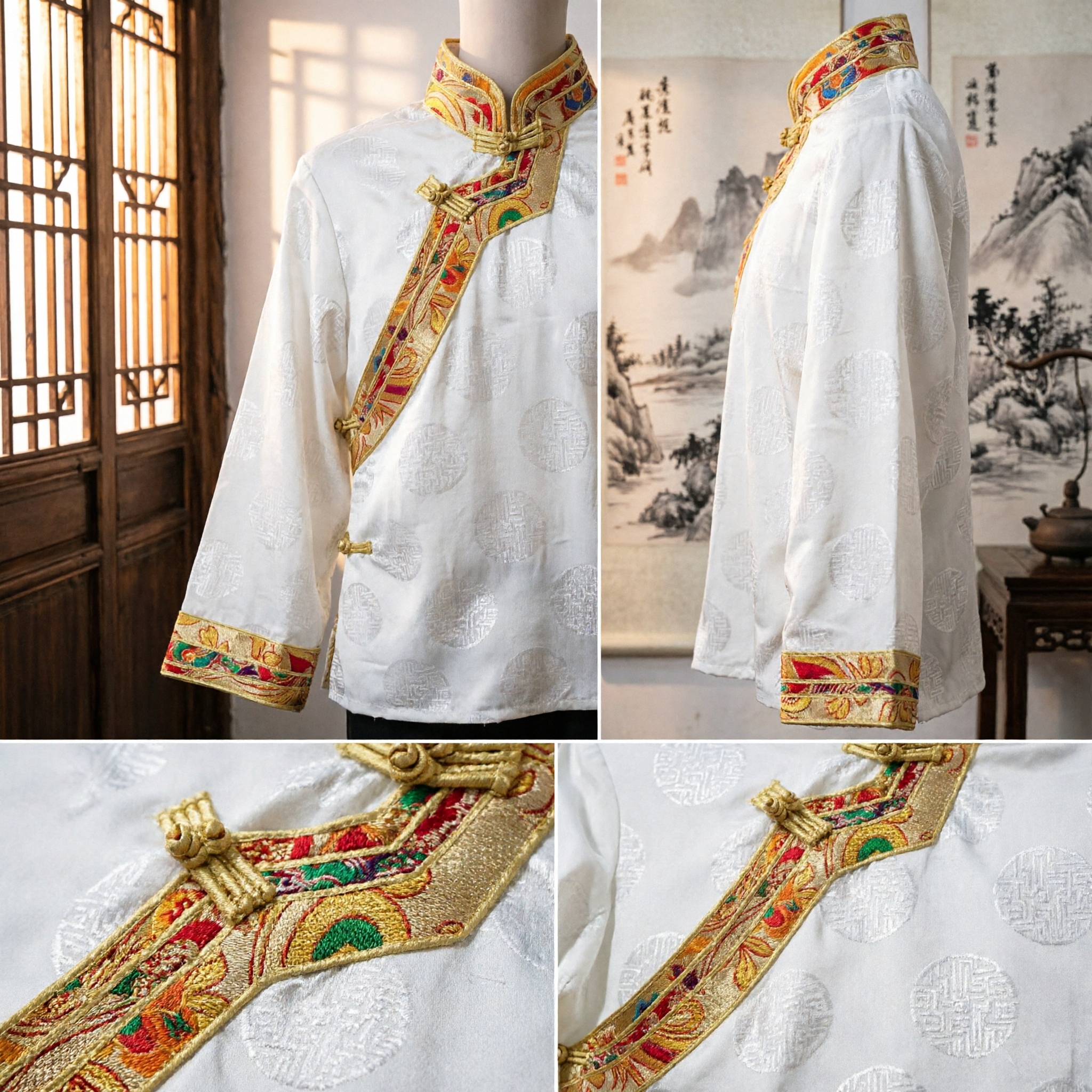Men's Traditional Chinese Mongolian Ethnic Costume White Robe Shirt with Gold Embroidery for Dance