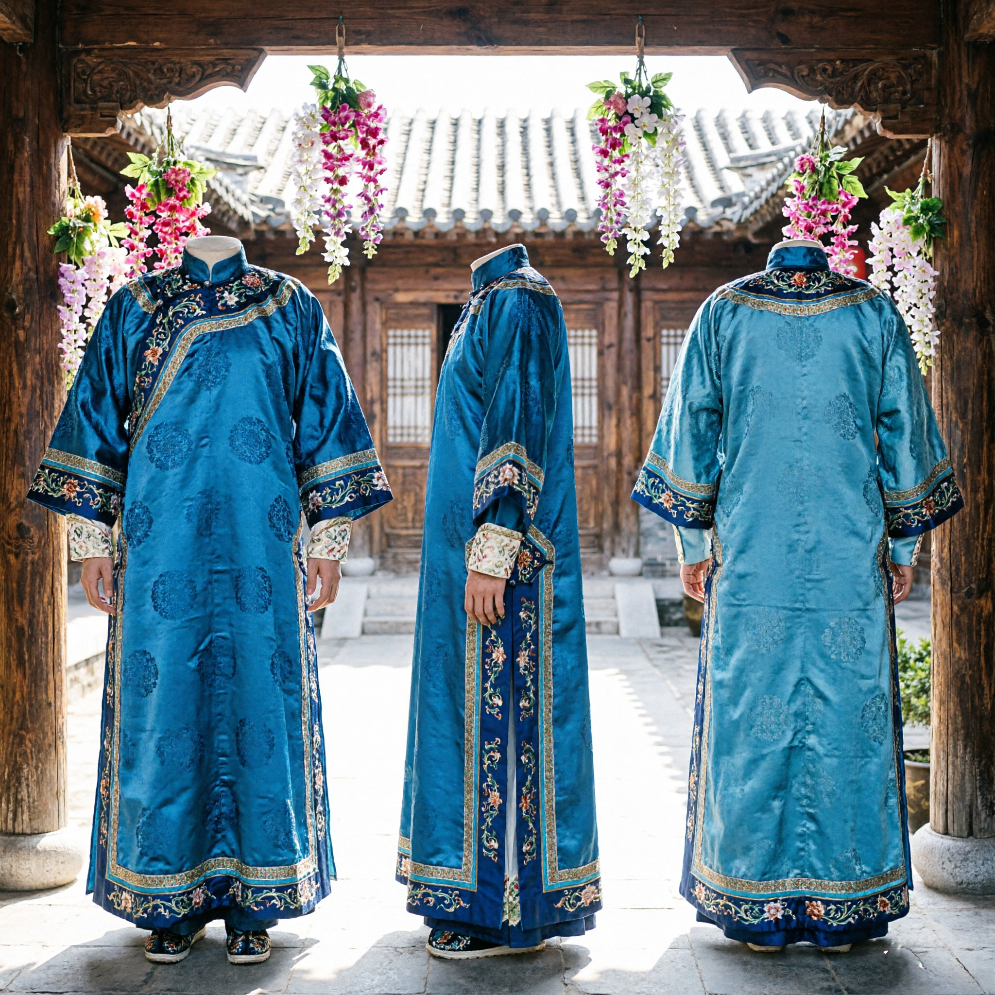 Traditional Chinese Qing Dynasty Manchu Princess Costume Blue Robe with Headdress for Women Cosplay