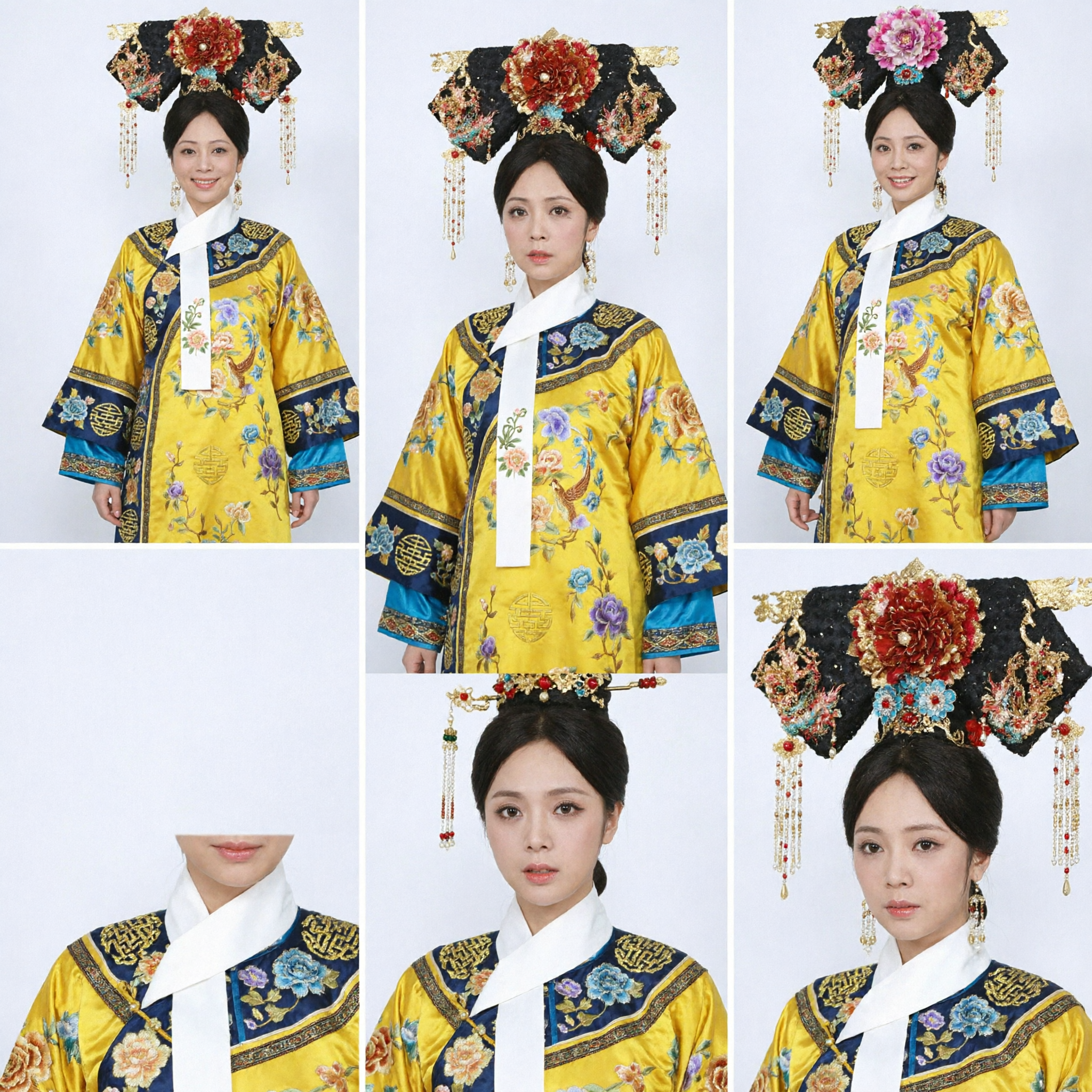 Traditional Chinese Qing Dynasty Empress Yellow Embroidered Robe Costume with Headdress for Women Historical Cosplay