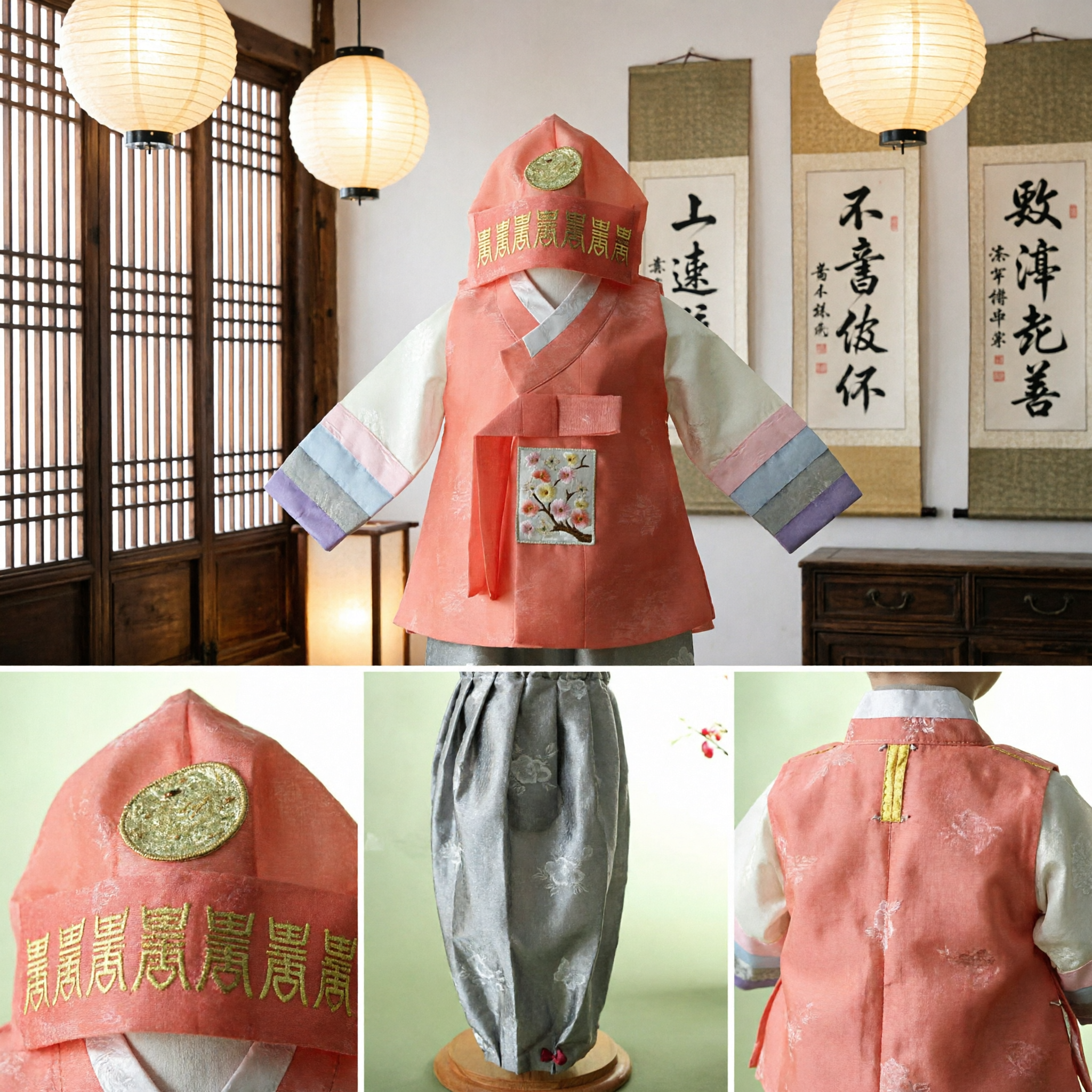 Traditional Korean Hanbok for Baby Boy First Birthday Doljanchi Outfit Silk Vest and Hat Set