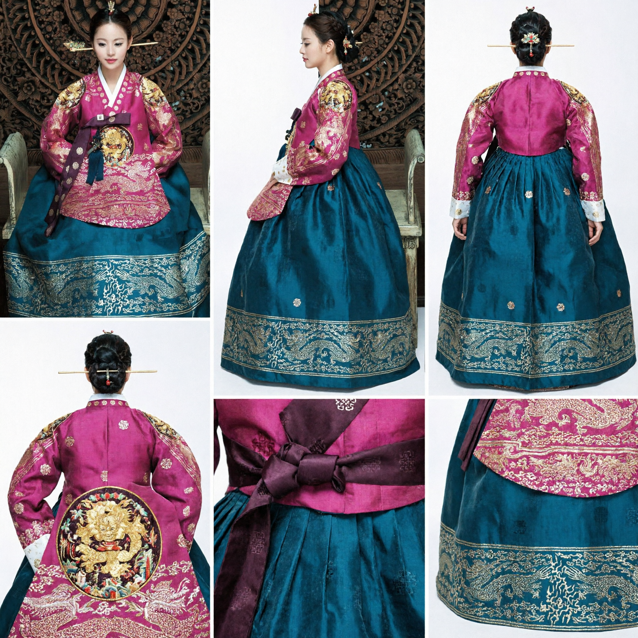 Women's Royal Korean Hanbok Traditional Palace Dress Pink Top Blue Skirt with Dragon Embroidery