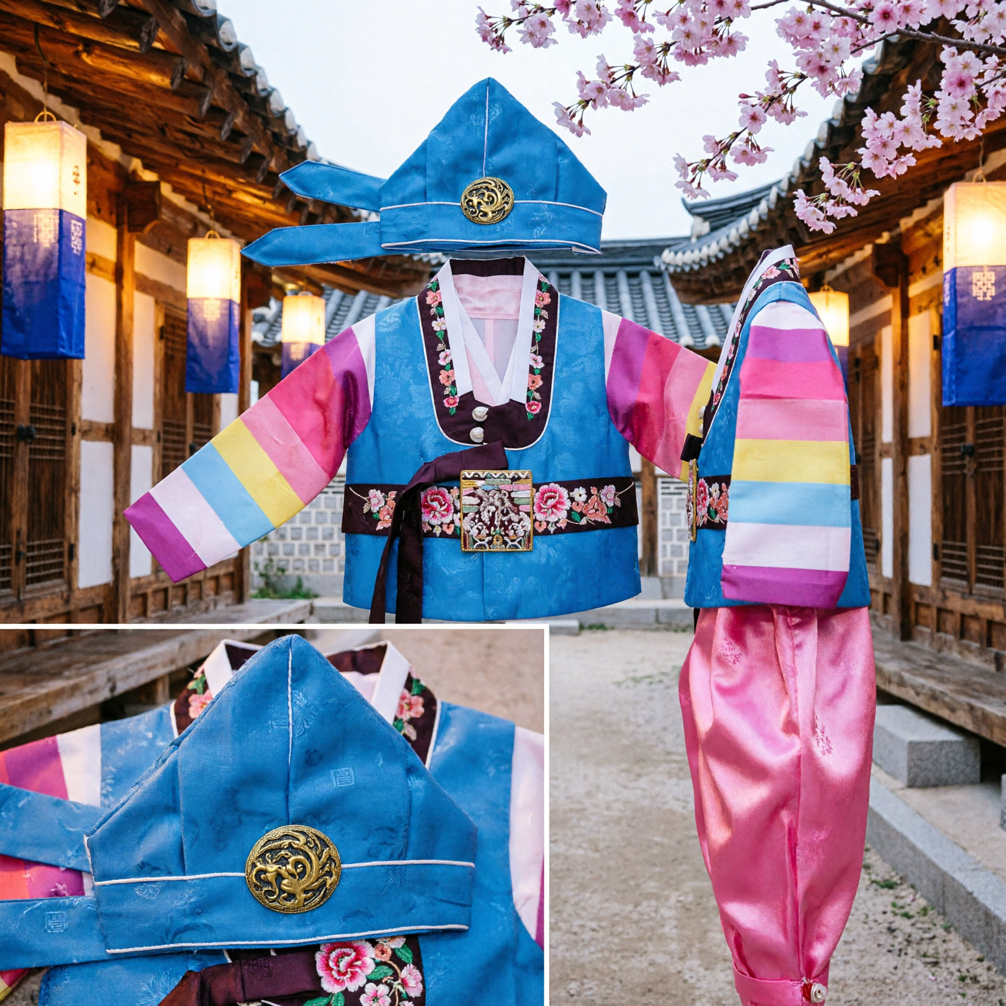 Traditional Korean Baby Hanbok Dolbok Set Blue Rainbow Sleeve Vest Pink Pants for First Birthday Doljanchi