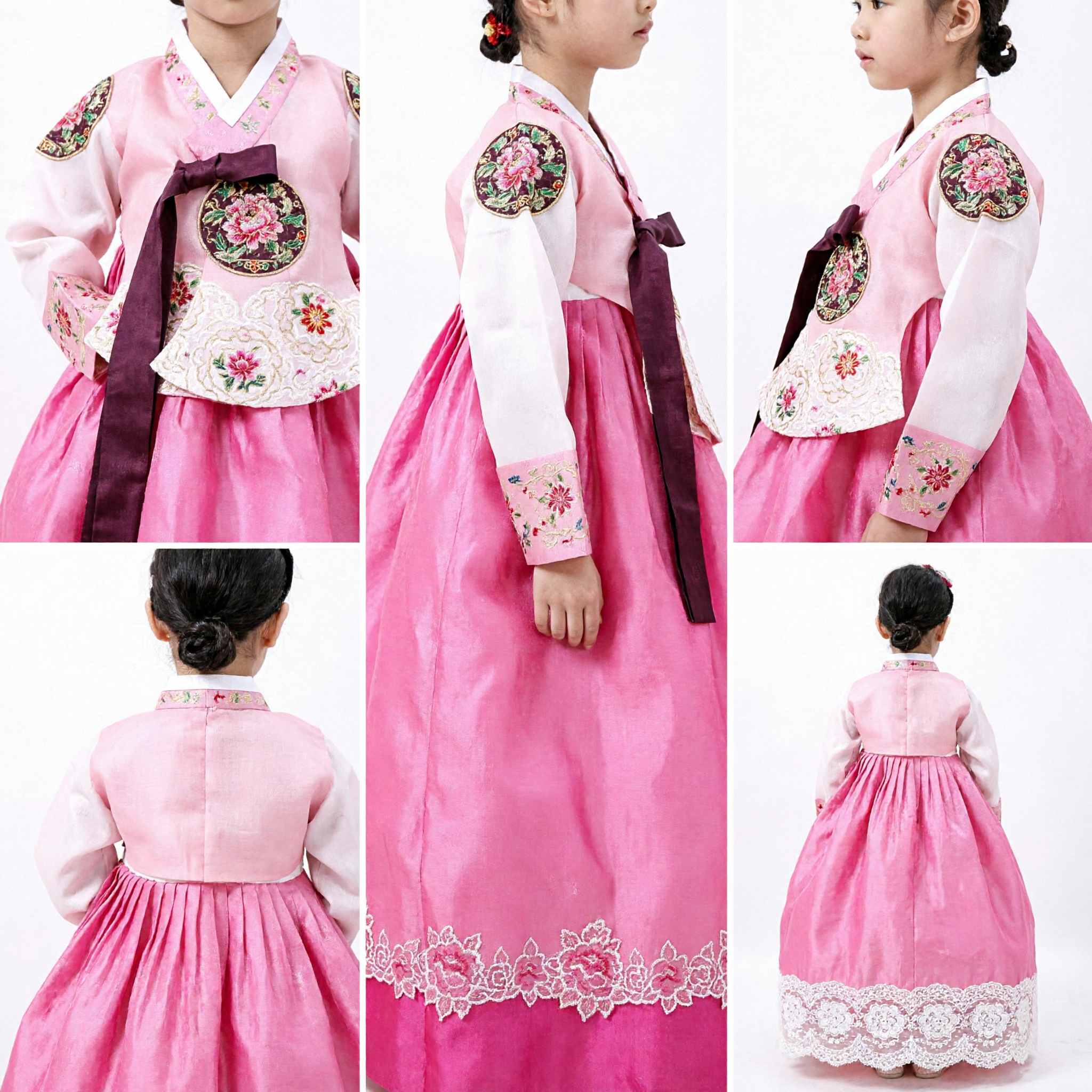 Traditional Korean Hanbok for Girls Pink Lace Hem Dress Kids Costume for Birthdays and Holidays