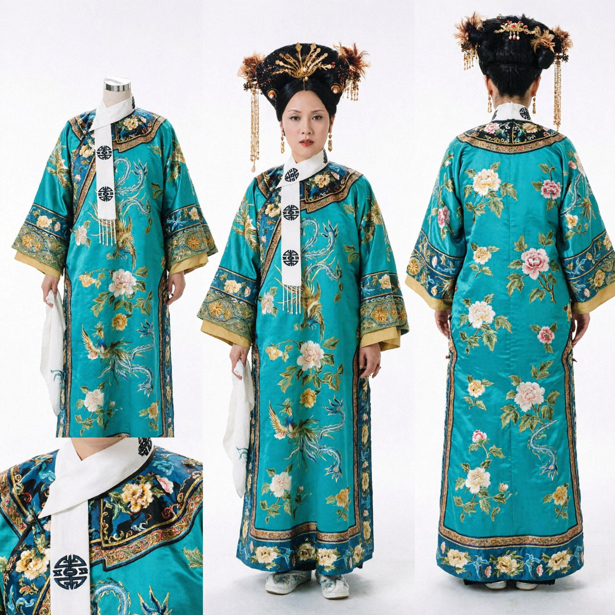 Chinese Qing Dynasty Traditional Manchu Empress Costume Teal Embroidered Robe with Headdress for Women