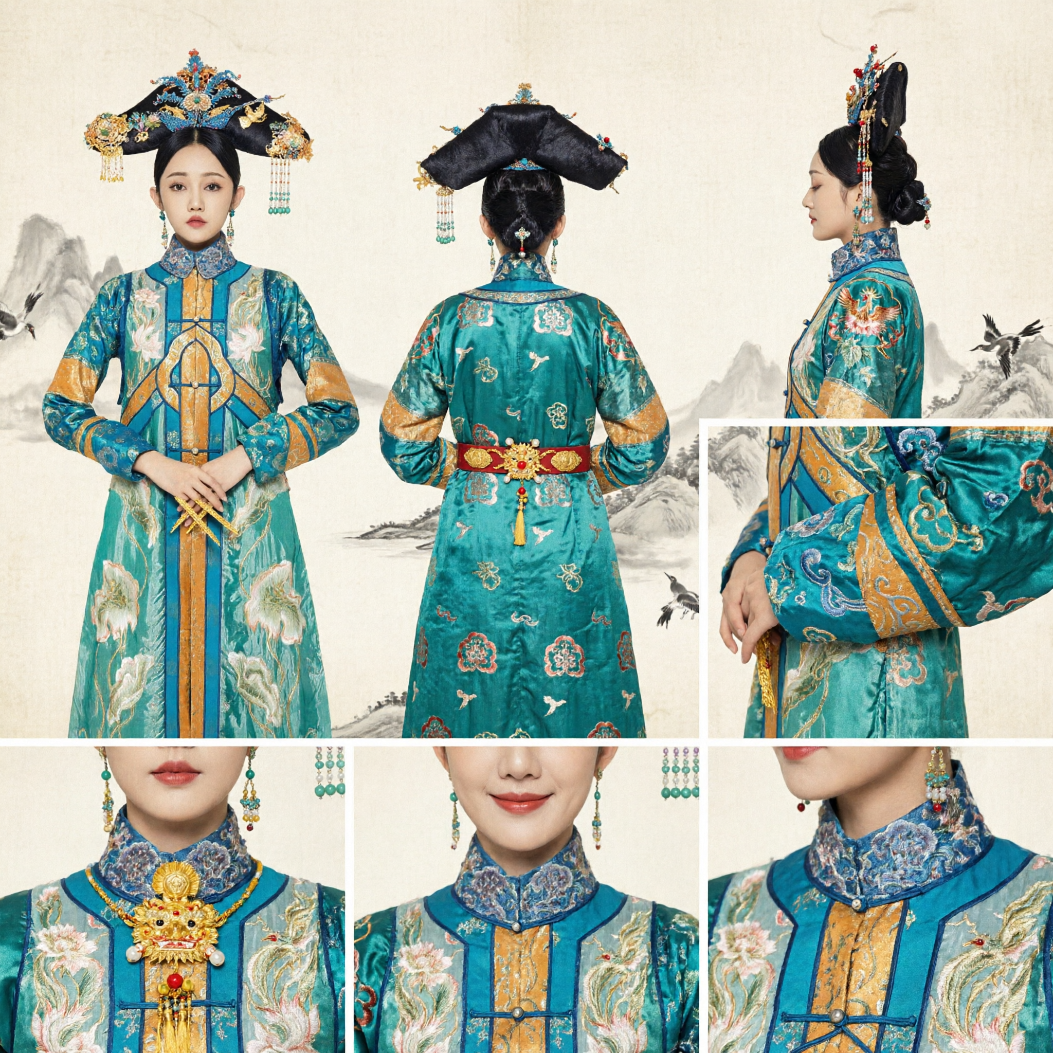 Teal Qing Dynasty Manchu Royal Concubine Robe Ancient Chinese Traditional Embroidered Costume for Women
