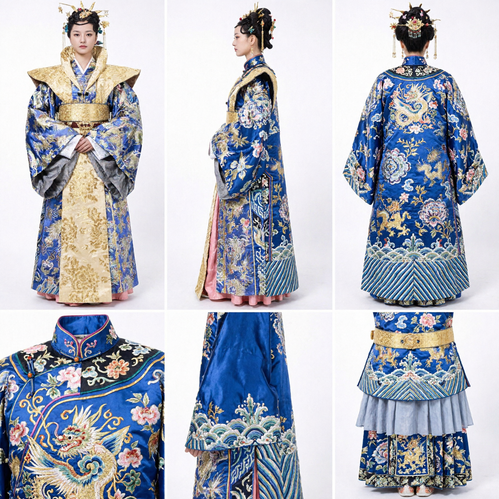Traditional Chinese Empress Costume Ancient Royal Blue Hanfu Dress with Gold Embroidery for Women