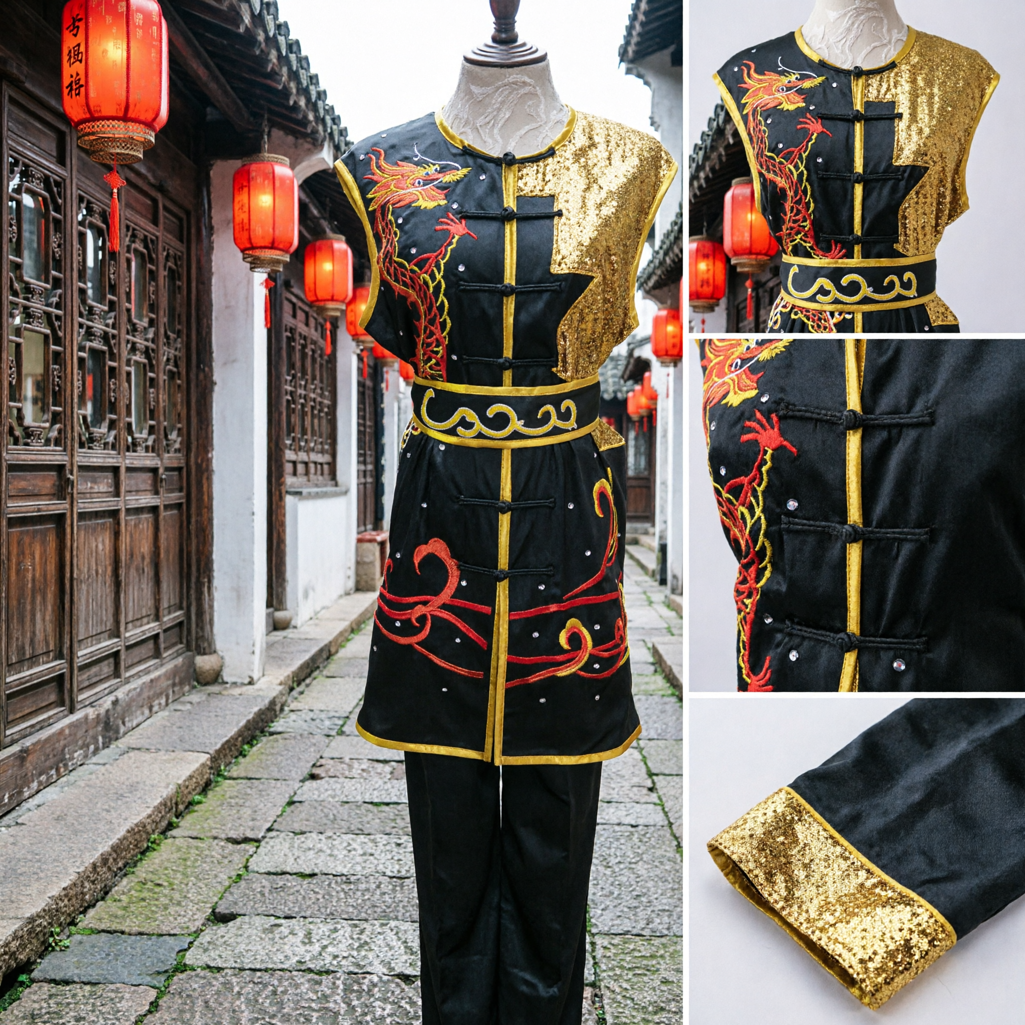 Traditional Chinese Kung Fu Uniform Dragon Embroidery Black Gold Wushu Martial Arts Performance Costume Set for Men