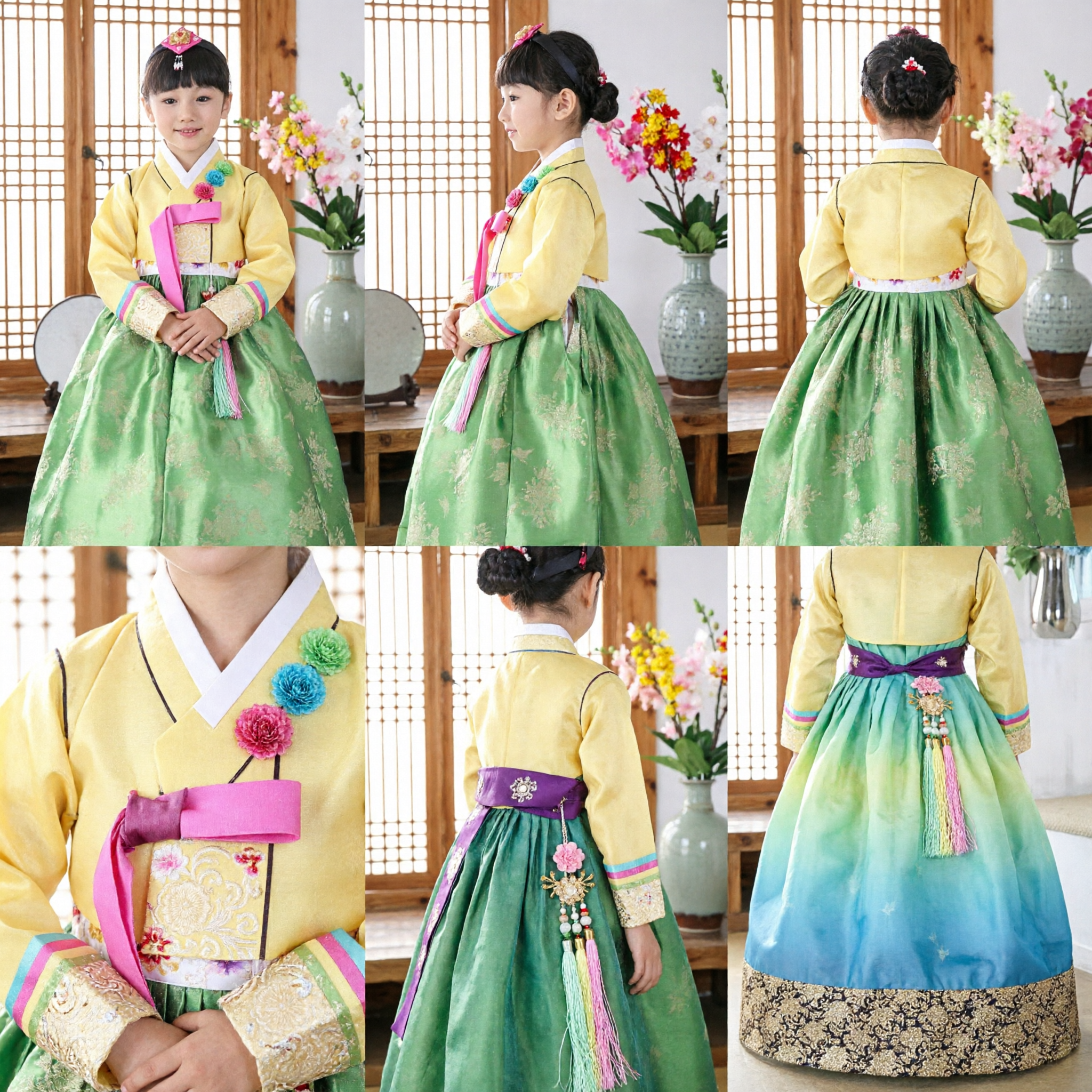 Traditional Korean Hanbok for Girls Yellow Jeogori and Green Chima Kids Formal Dress for Wedding Birthday