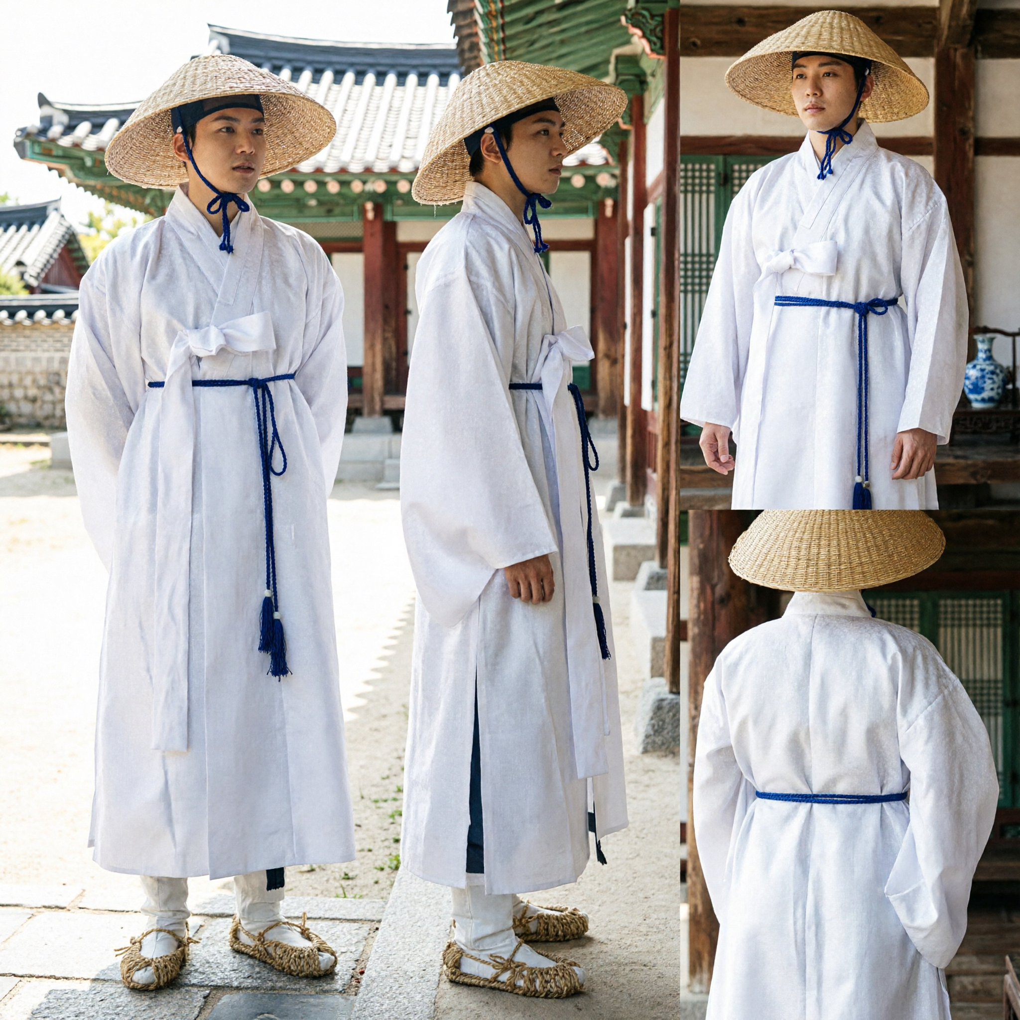 Traditional Korean Hanbok Men's White Scholar Robe and Straw Hat Set for Cosplay and Cultural Festivals