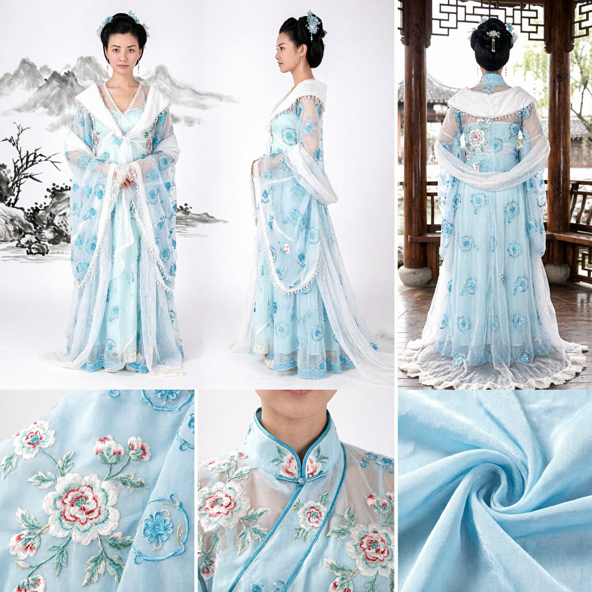 Elegant Blue Hanfu Ancient Chinese Fairy Costume with White Fur Trim and Floral Embroidery for Stage Performance