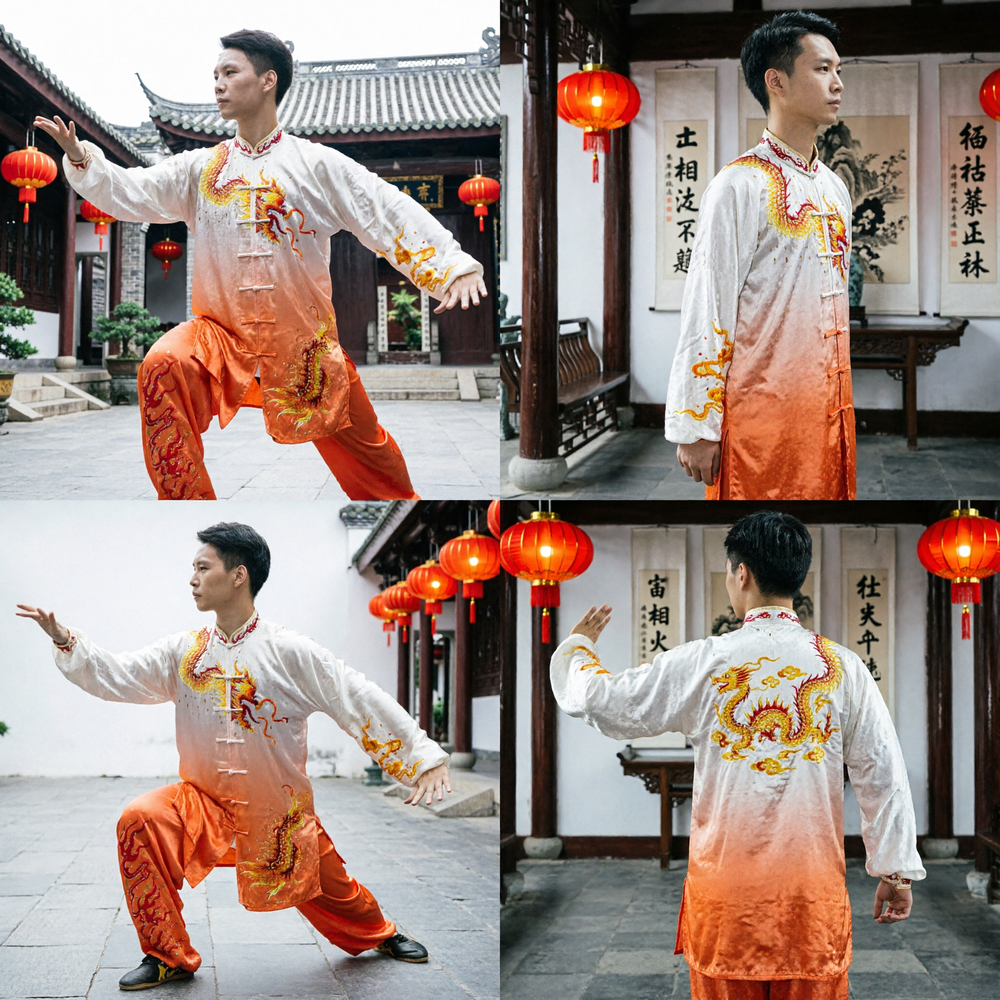 Men's Silk Dragon Embroidery Kung Fu Uniform Traditional Tai Chi Martial Arts Performance Costume