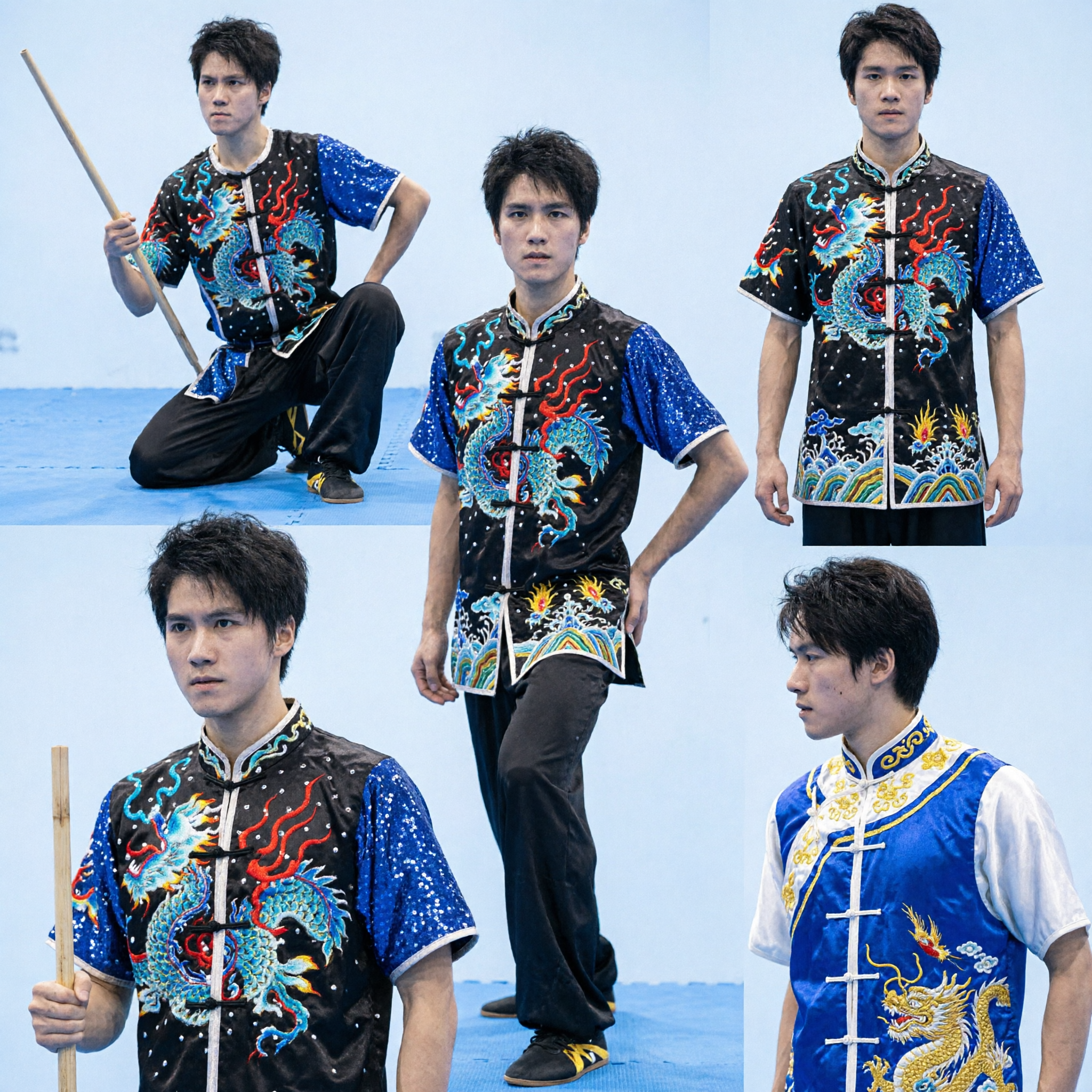 Men's Professional Wushu Kung Fu Uniform Black Dragon Sequin Competition Costume for Martial Arts Performance