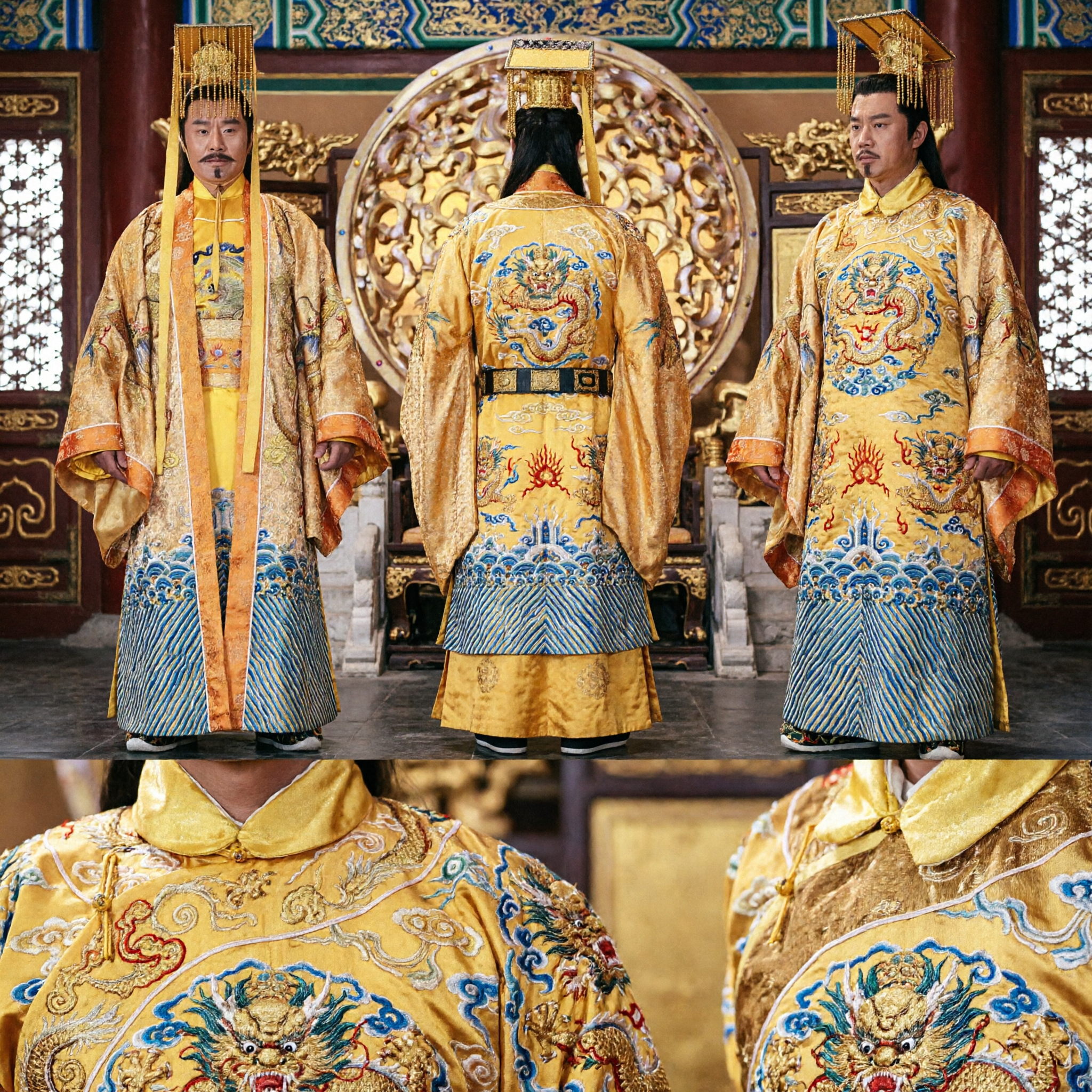 Men's Ancient Chinese Emperor Costume Golden Dragon Robe with Imperial Crown Traditional Hanfu for Cosplay
