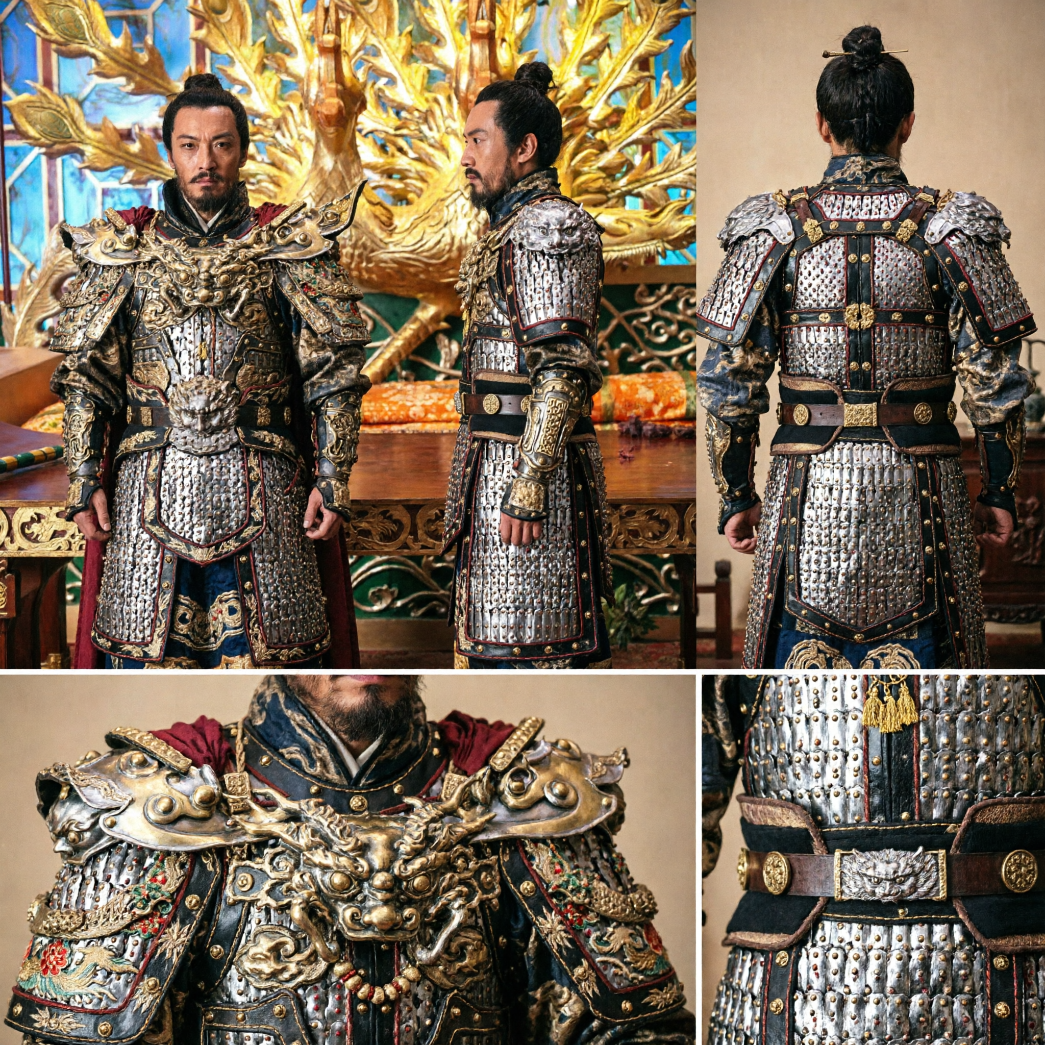 Men's Chinese Ancient General Golden Scale Armor Historical Emperor Cosplay Costume for Stage Performance and Photography