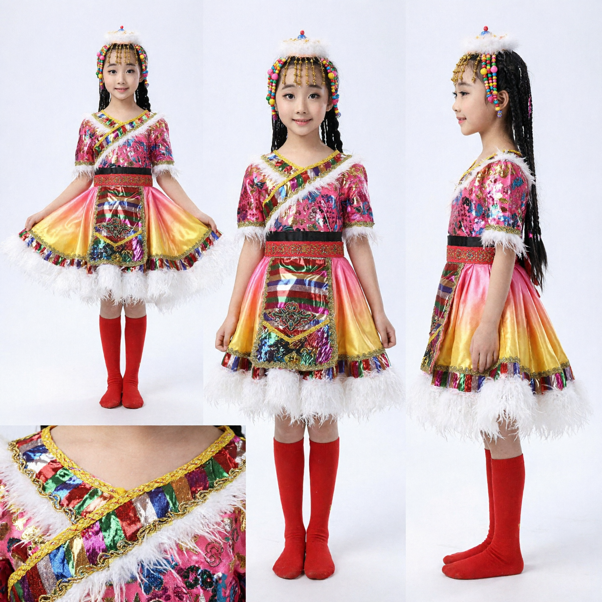 Girls Traditional Tibetan Ethnic Dance Costume Colorful Folk Dress Stage Performance Outfit with Headdress