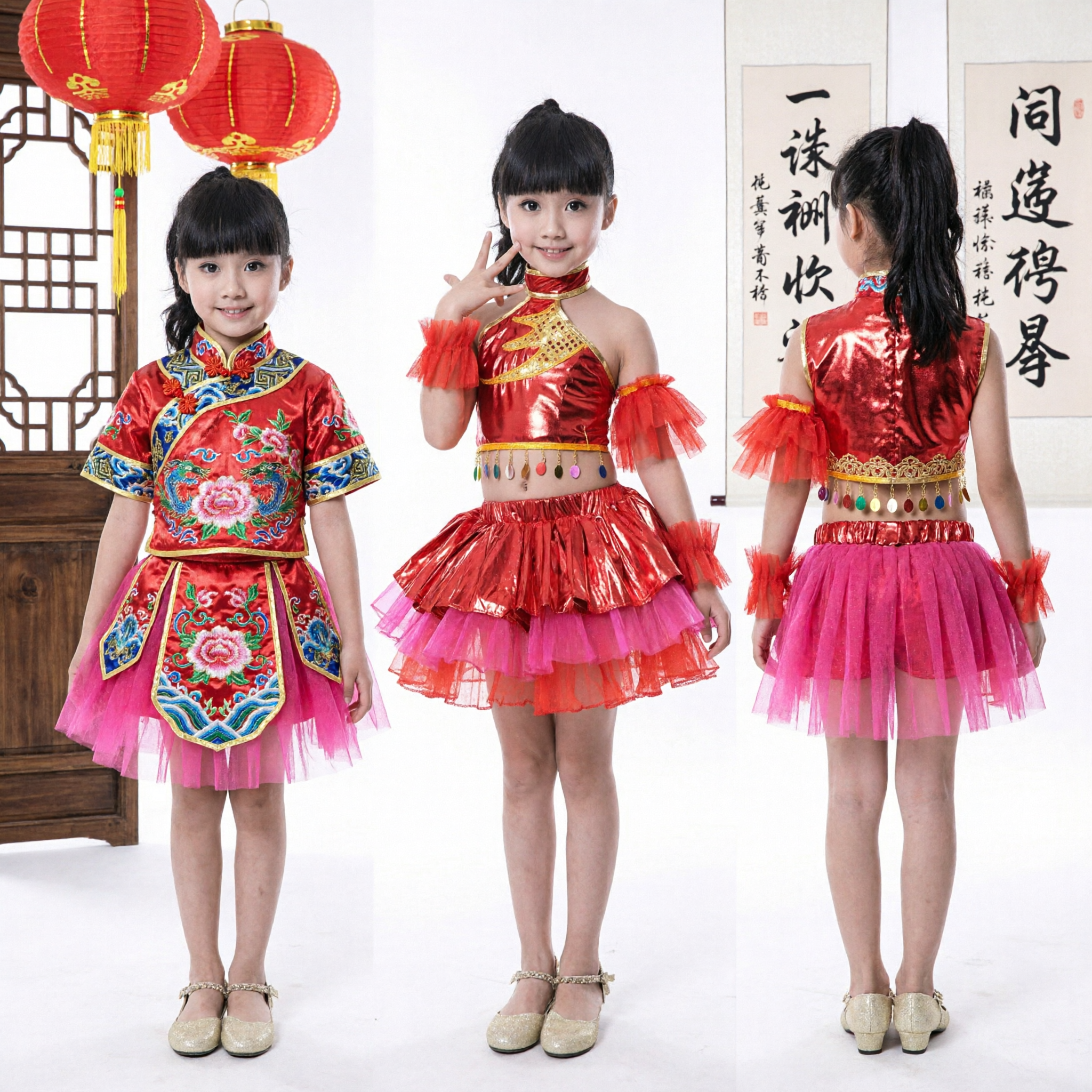 Red Chinese Folk Dance Costume for Kids Girls Traditional Festival Stage Performance Outfit