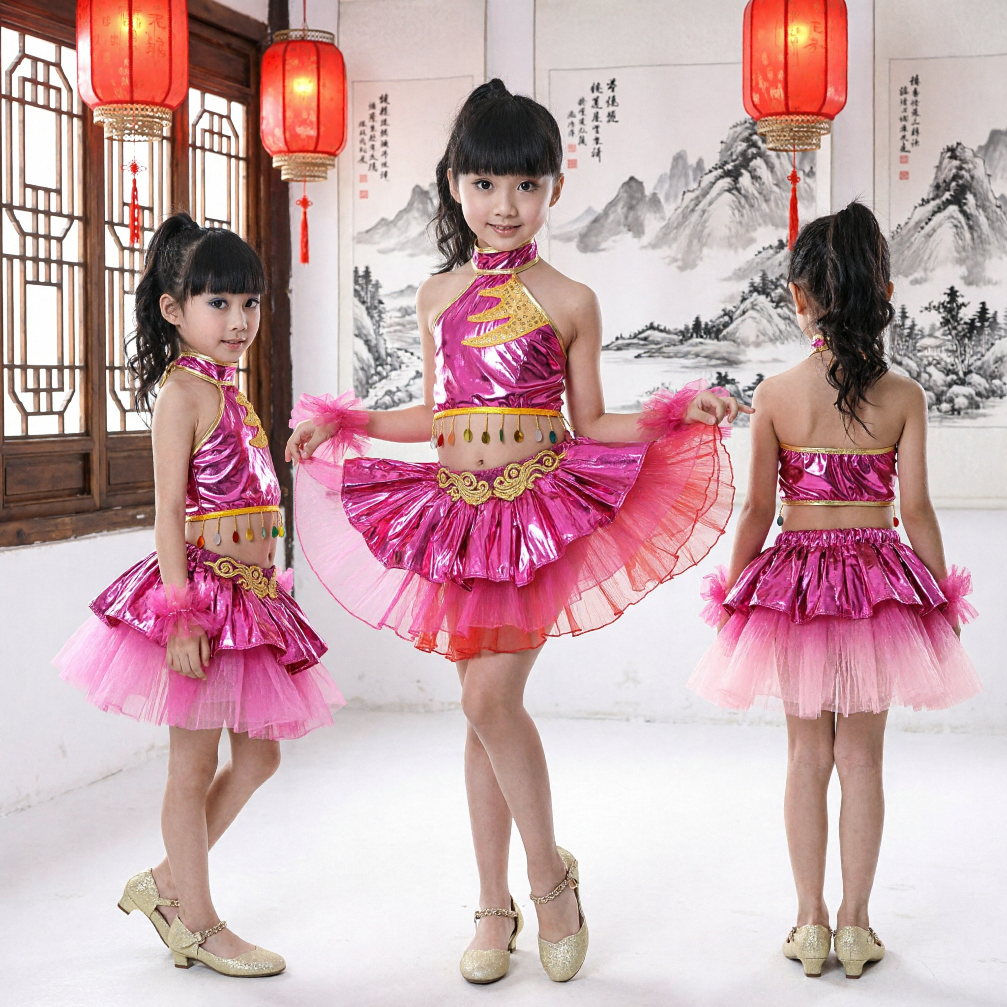 Girls Pink Latin Dance Costume Shiny Halter Top Sequin Skirt Stage Performance Outfit for Kids