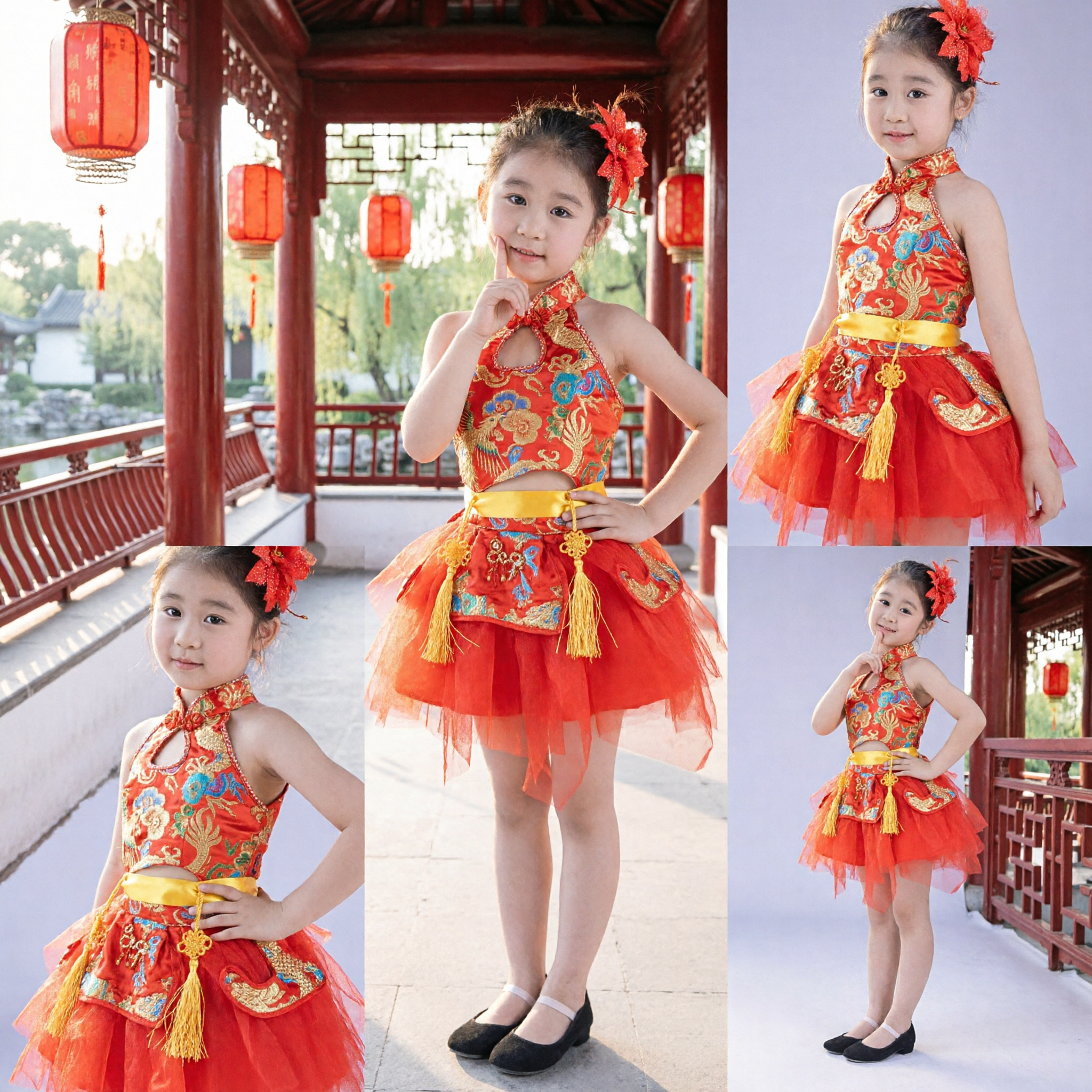 Kids Chinese Traditional Dance Costume Red Phoenix Embroidery Cheongsam Stage Performance Dress for Girls