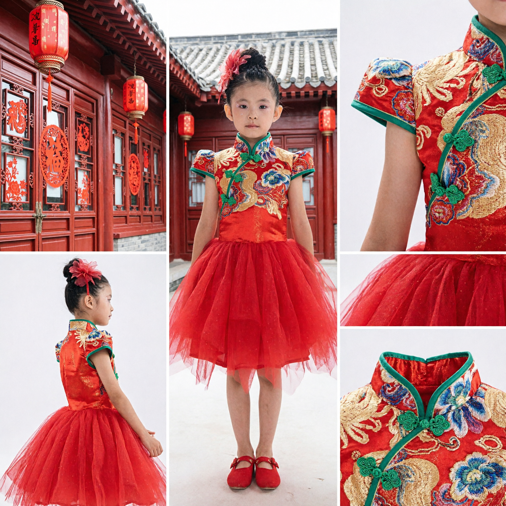 Kids Girls Traditional Chinese Cheongsam Dress Red Floral Qipao Top with Tulle Skirt for Performance