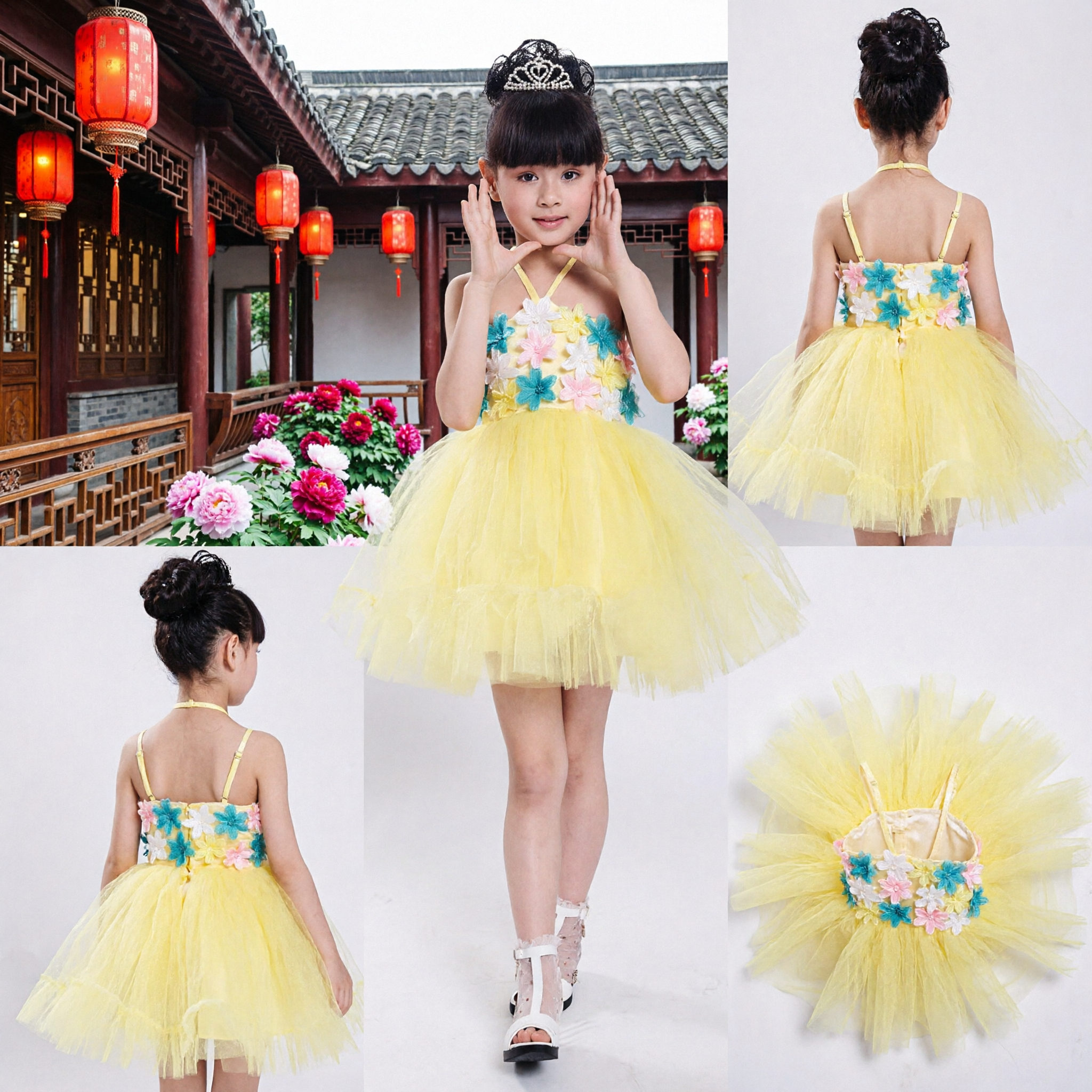 Kids Girls Yellow Tulle Tutu Dress with Colorful 3D Flowers for Dance Performance Stage Costume