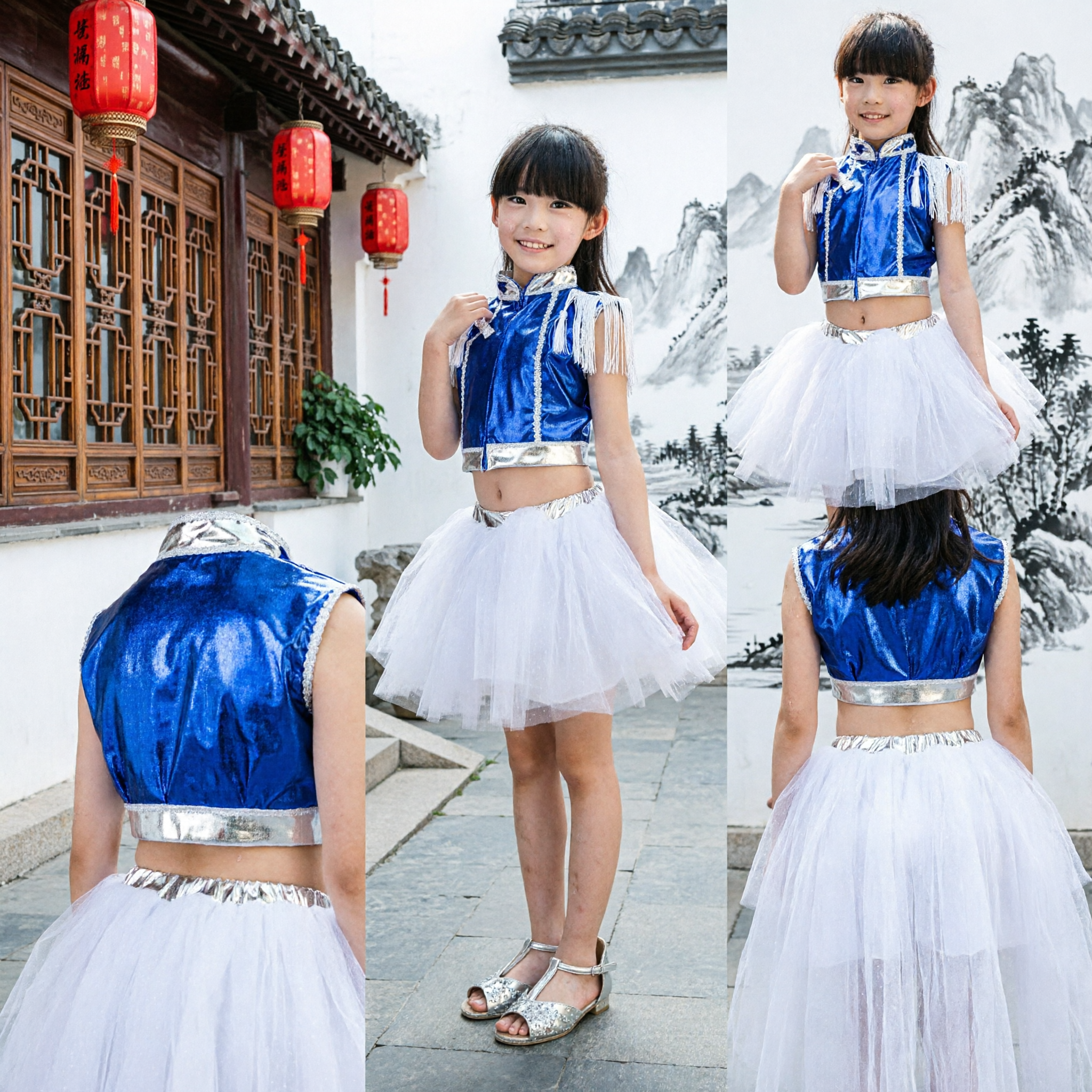 Girls Blue Chinese Dance Costume Modern Folk Performance Outfit with White Tutu Skirt for Kids