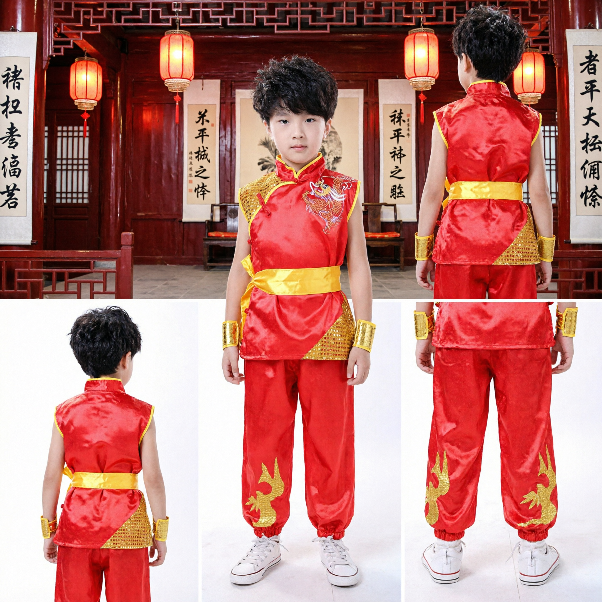 Boys Red Traditional Chinese Kung Fu Costume with Gold Dragon Embroidery Martial Arts Uniform for Kids