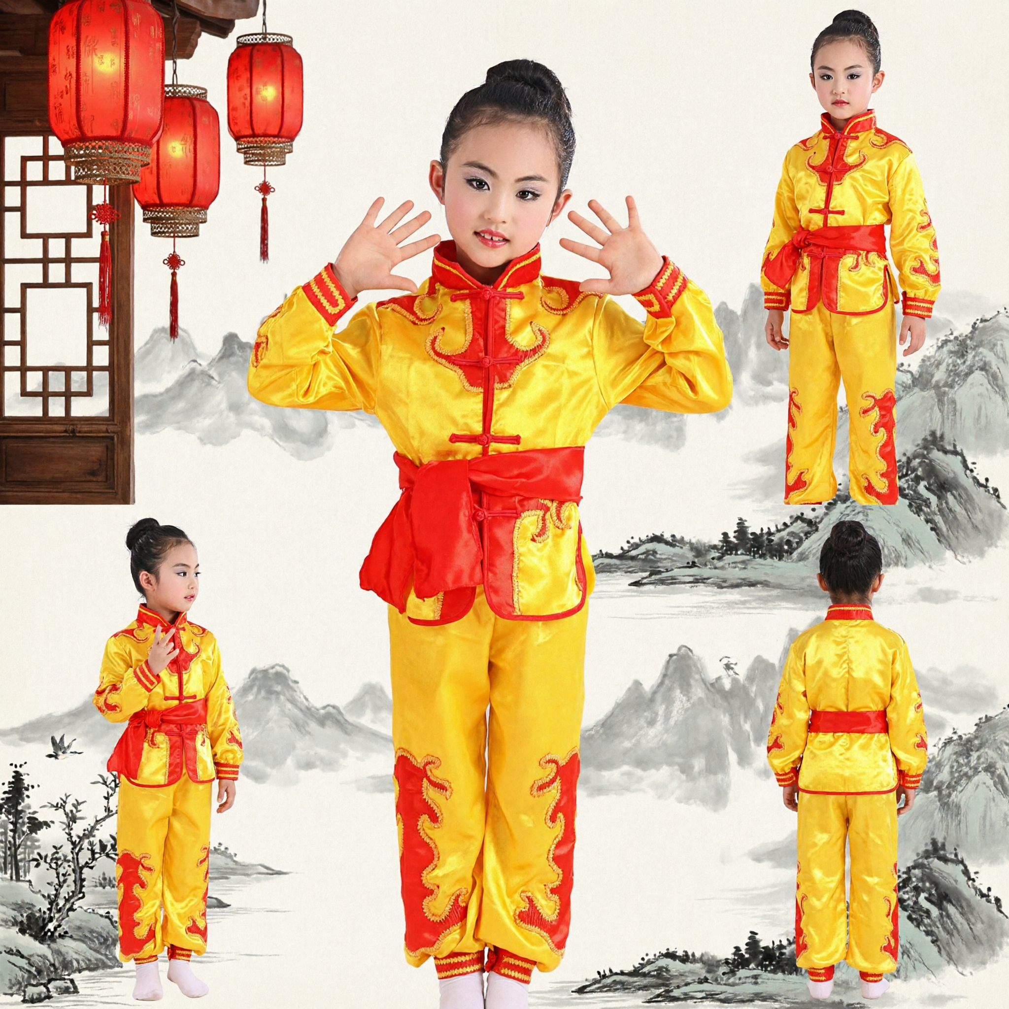 Kids Yellow Chinese Kung Fu Uniform Traditional Dragon Wushu Martial Arts Costume for Girls Stage Performance