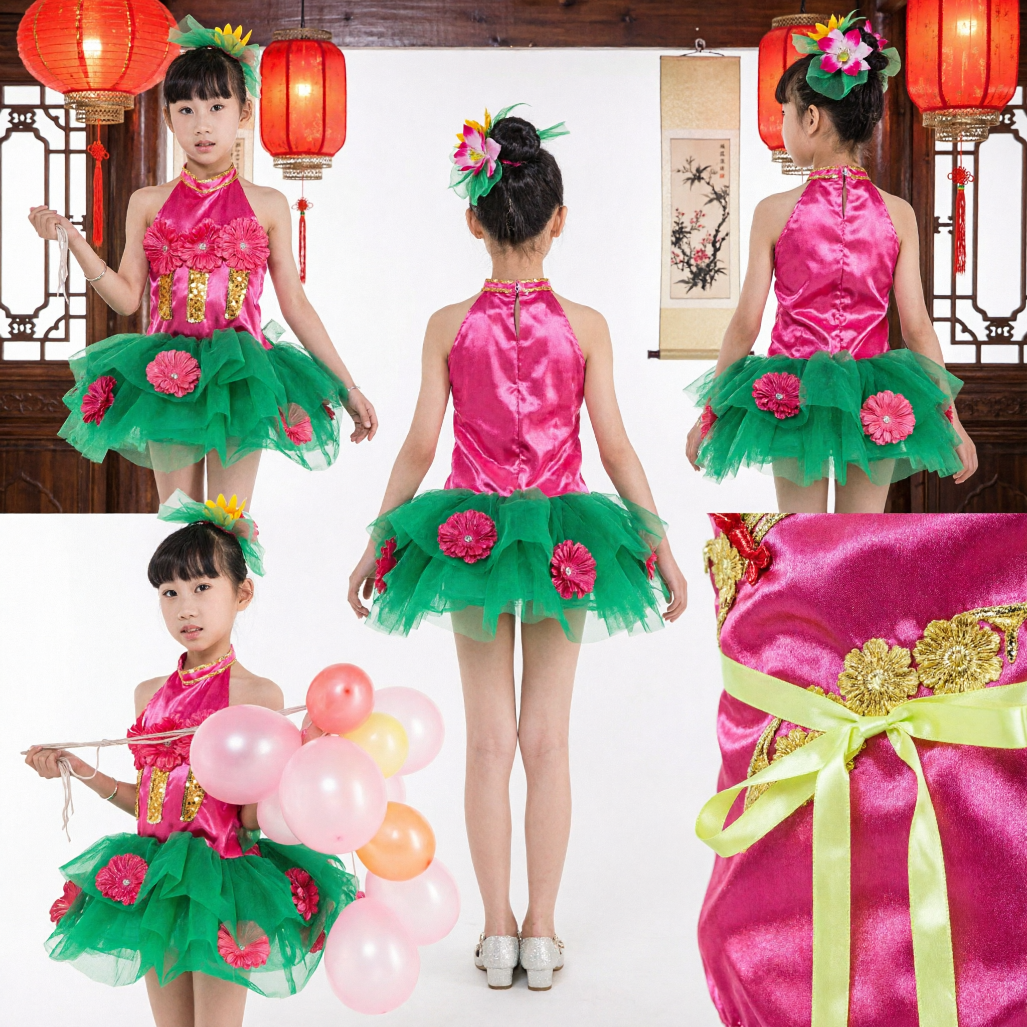 Girl's Traditional Chinese Lotus Dance Costume Pink Green Tutu Dress for Stage Performance