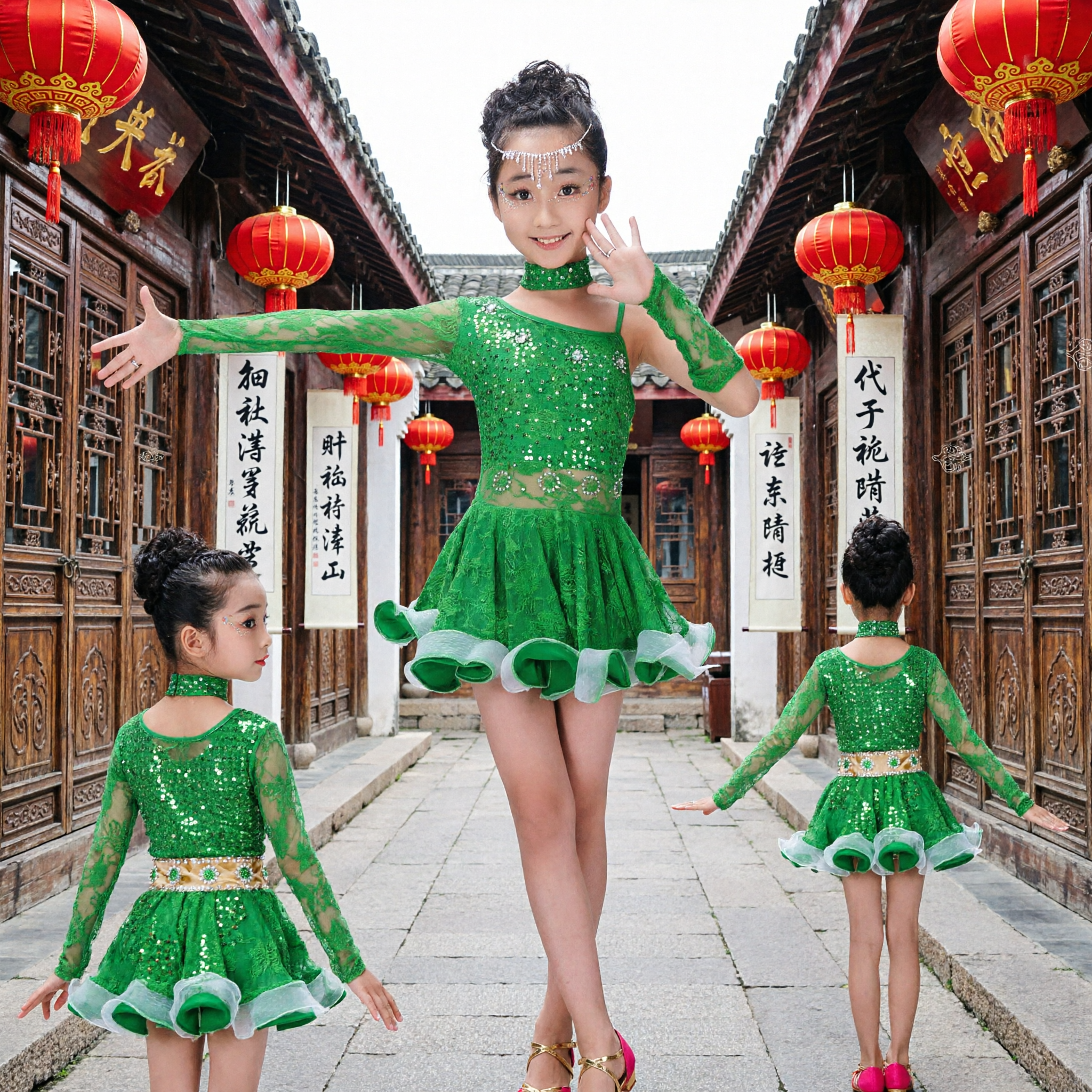 Kids Girls Green Latin Dance Dress Sequined Long Sleeve Ruffled Skirt Competition Performance Costume