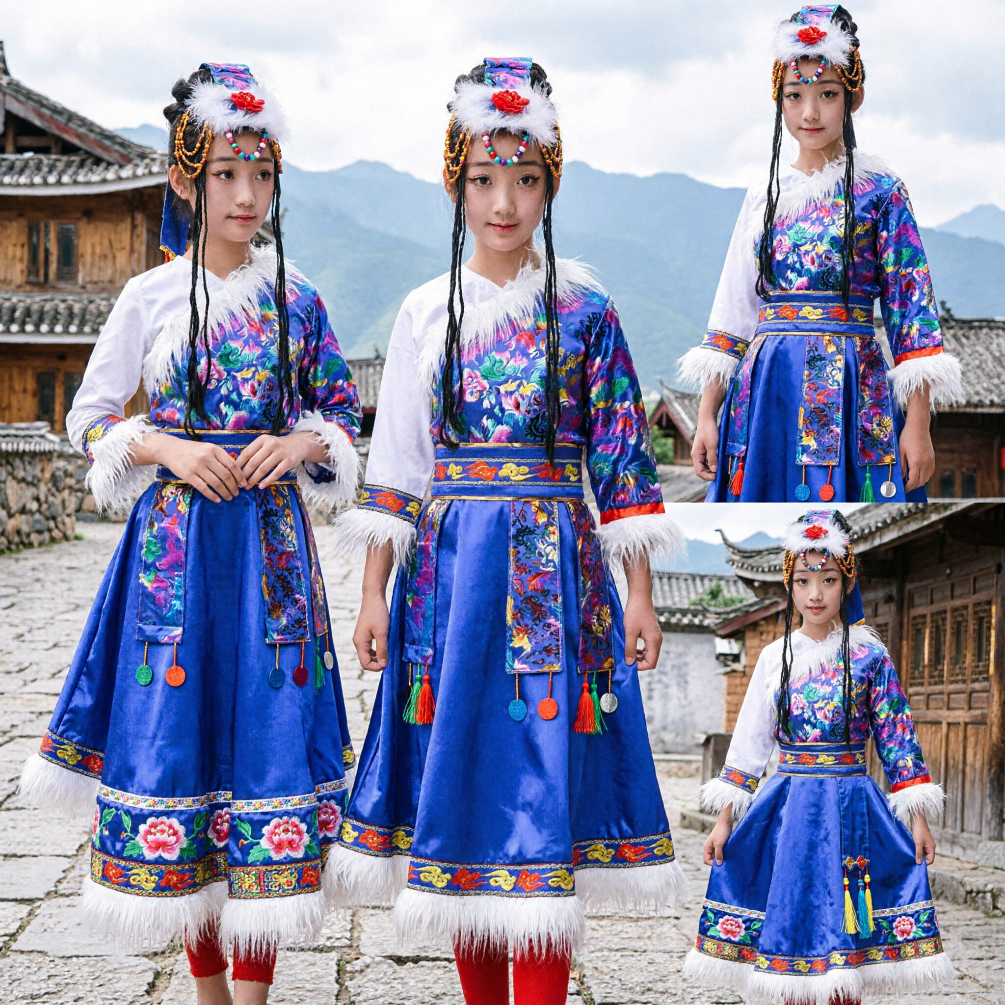 Kids Traditional Tibetan Ethnic Costume Blue Embroidered Folk Dance Dress with Fur Trim and Hat for Girls