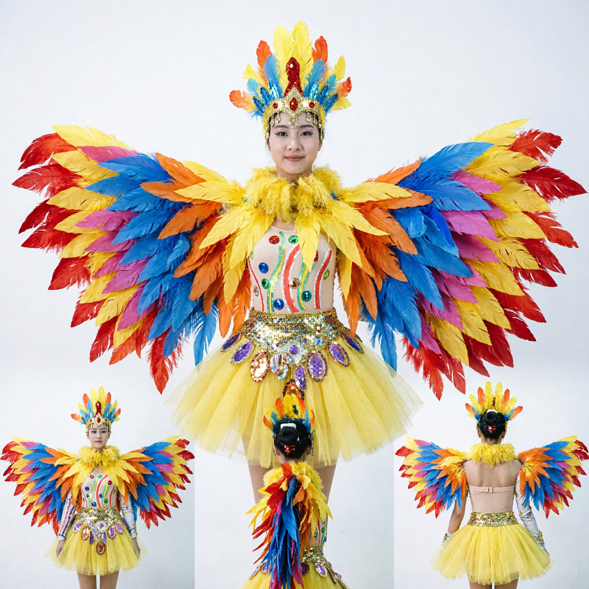 Women's Colorful Bird Phoenix Feather Dance Costume with Large Wings and Headdress for Stage Performance and Carnival