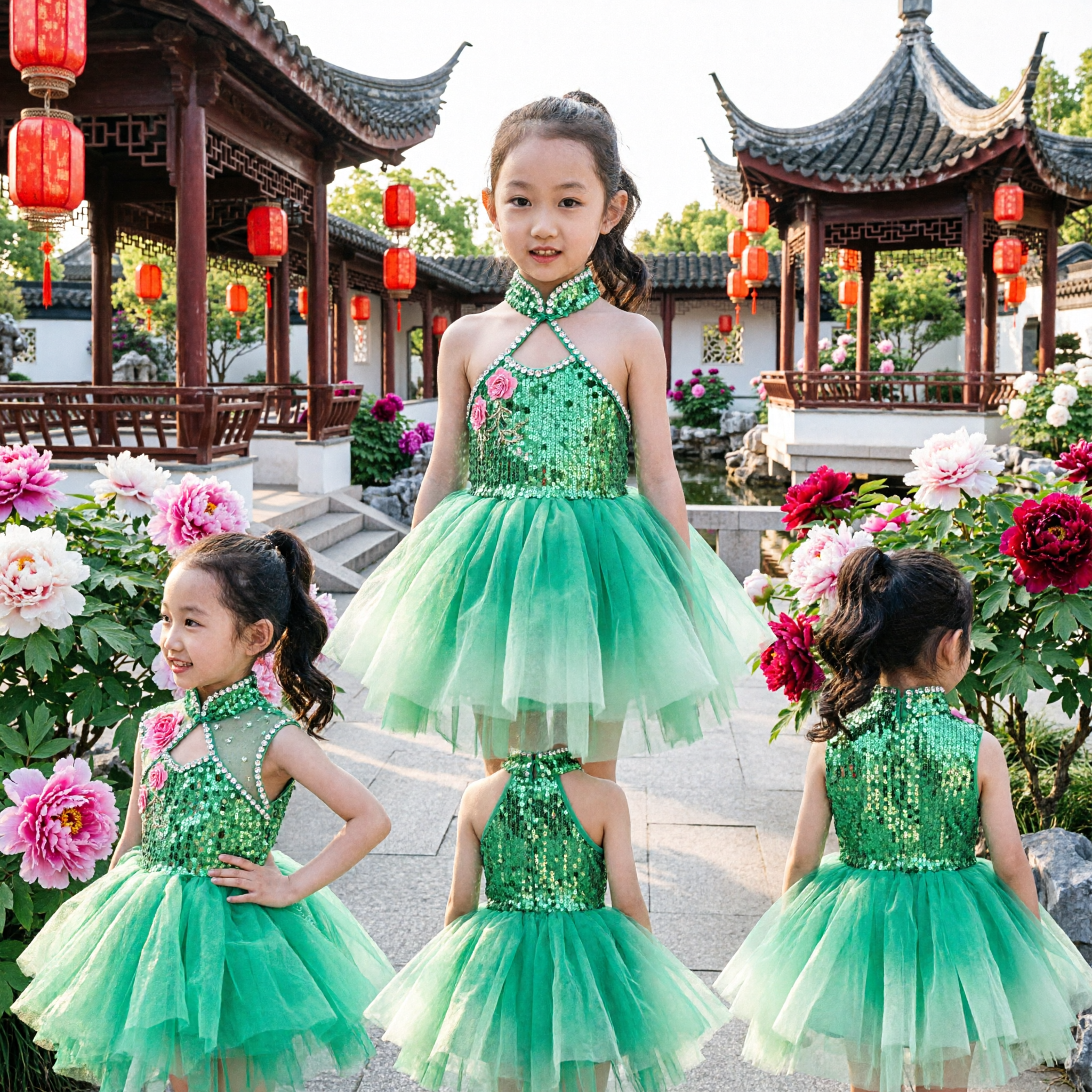 Kids Girls Green Sequin Chinese Folk Dance Costume Traditional Stage Performance Dress