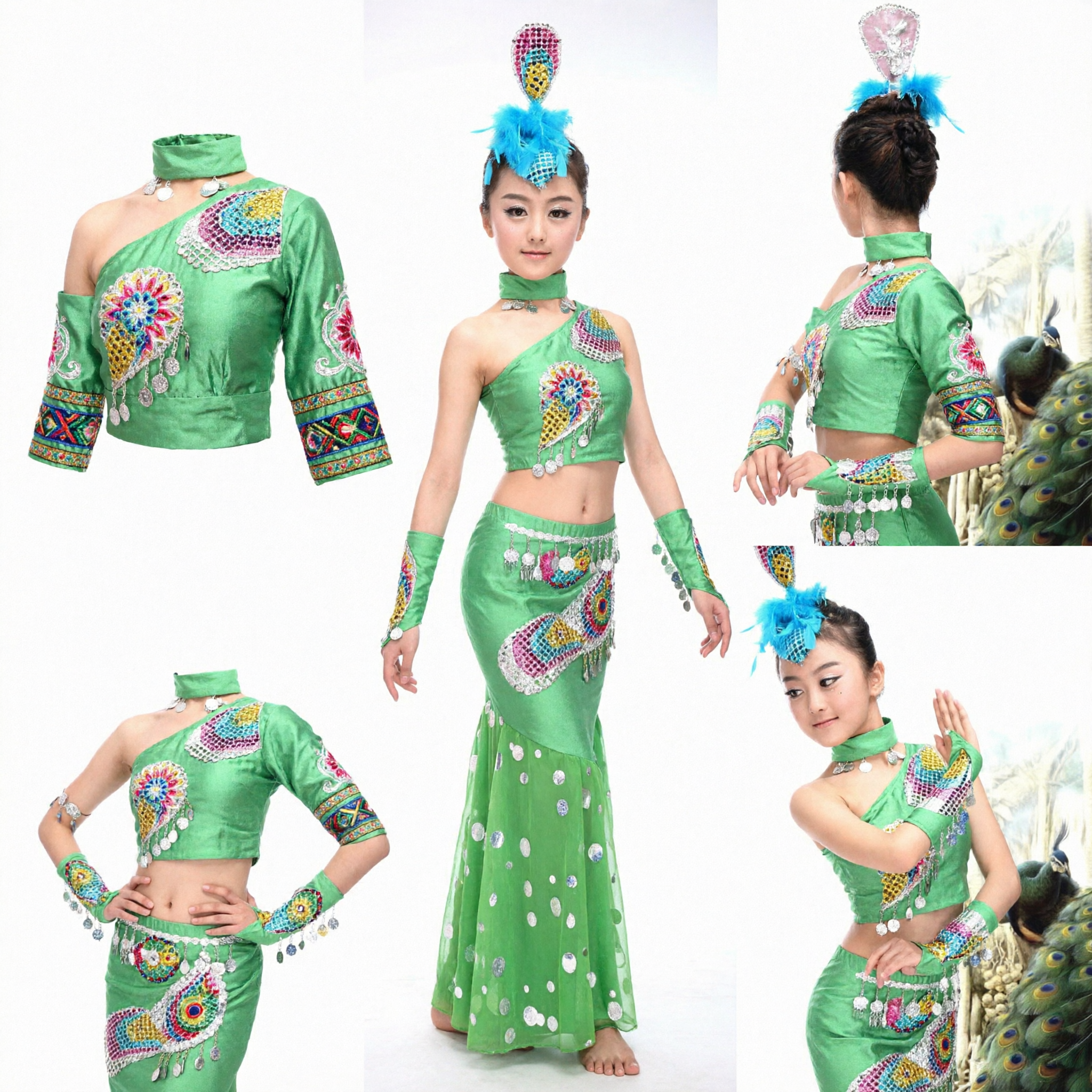 Girls Green Chinese Dai Peacock Dance Costume Traditional Ethnic Stage Performance Dress with Headpiece