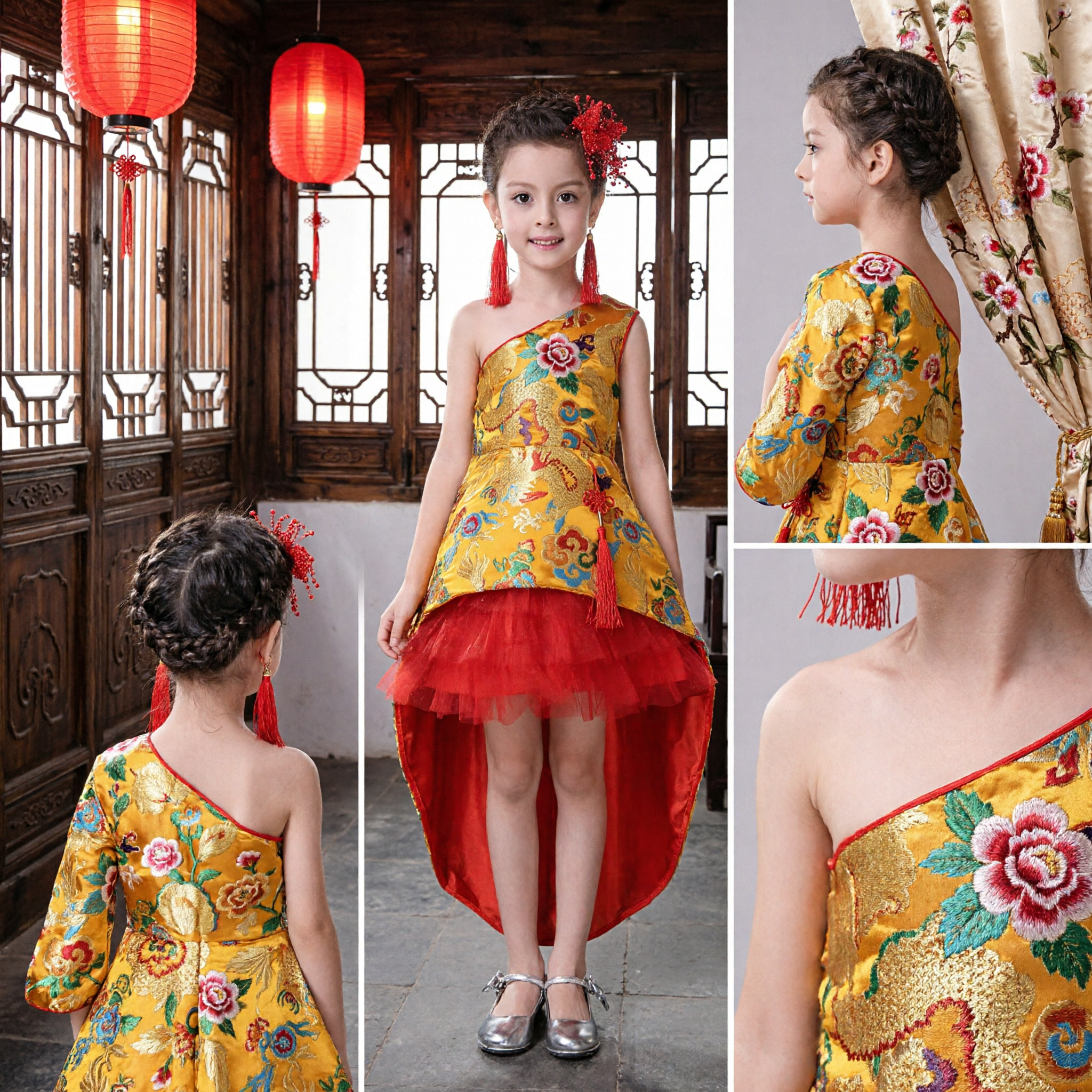 Girls Chinese Traditional Dragon Phoenix Brocade Cheongsam Dress Red Tulle Skirt Kids Performance Costume