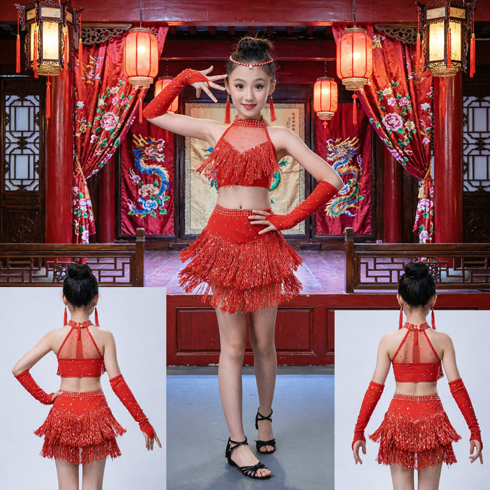 Girls Red Latin Dance Costume Fringe Two Piece Set Ballroom Performance Outfit for Kids Competition