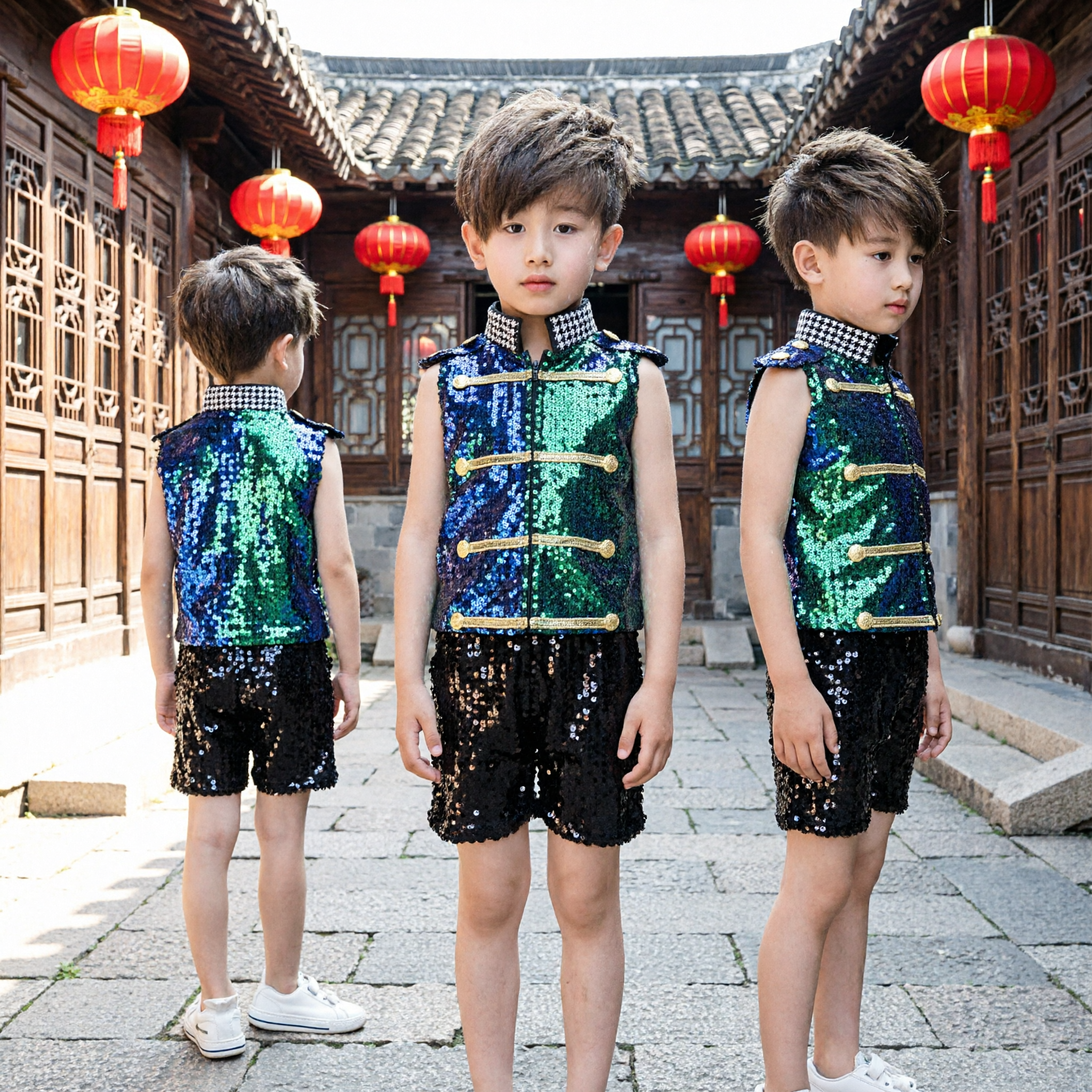 Boys Sparkly Sequin Vest and Shorts Set Chinese Tang Suit Style Stage Dance Performance Costume