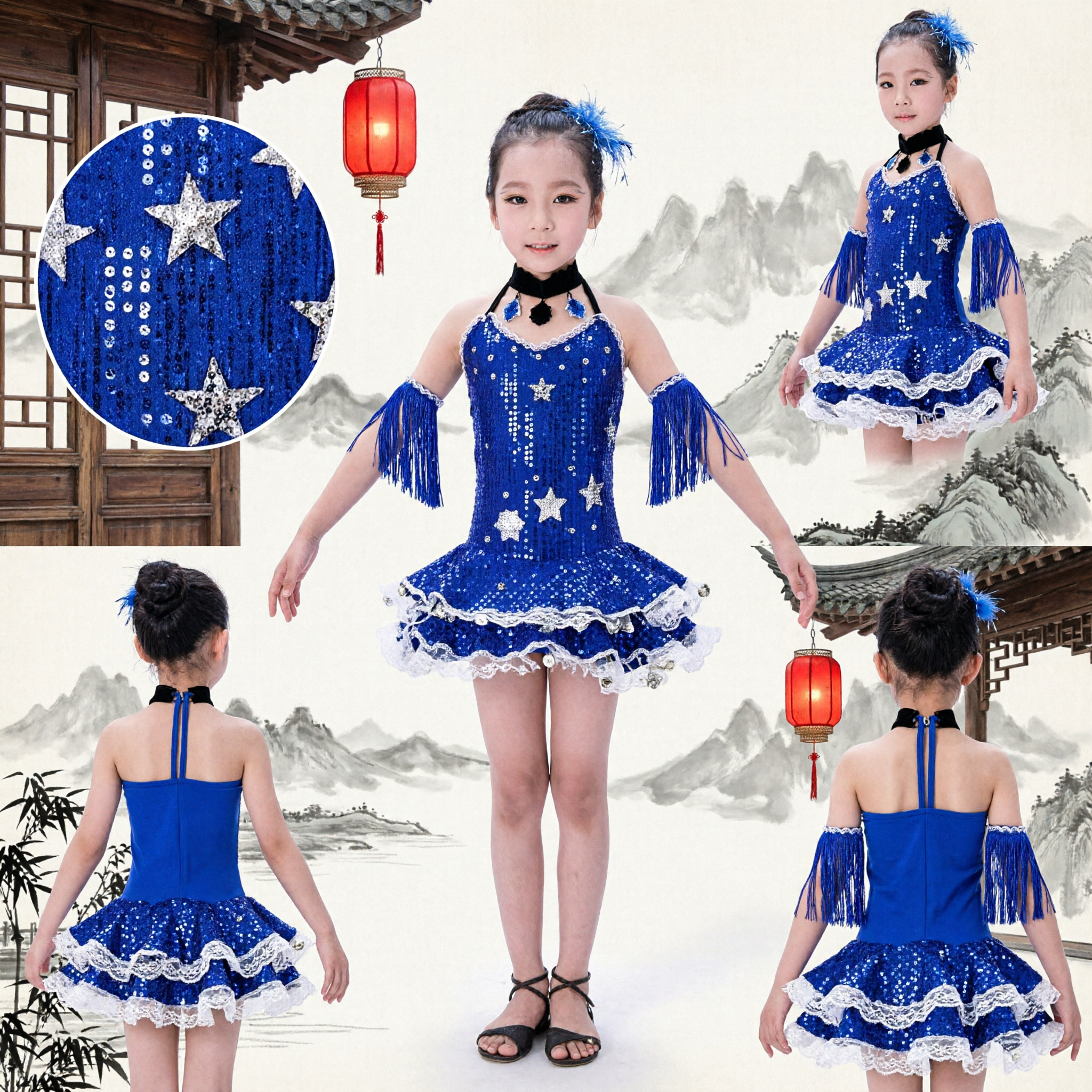 Girls Blue Latin Dance Dress Kids Ballroom Performance Costume with Sequins Fringe Sleeves and Ruffles