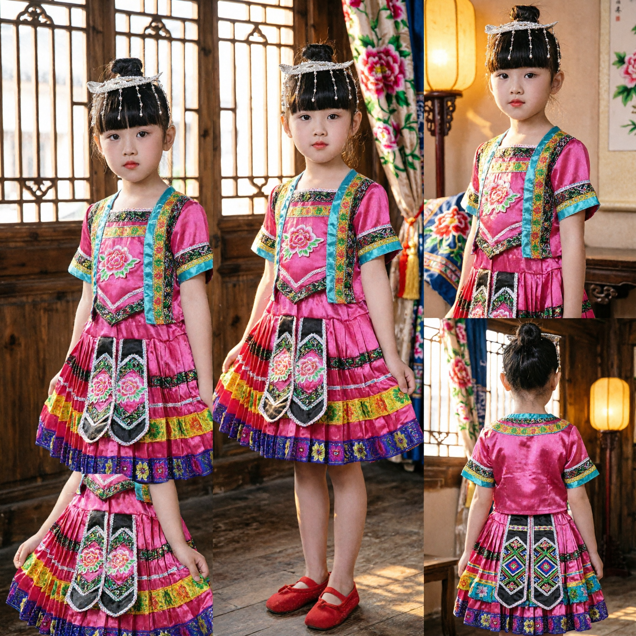 Kids Chinese Miao Minority Folk Dance Costume Traditional Ethnic Performance Dress for Girls Stage Show