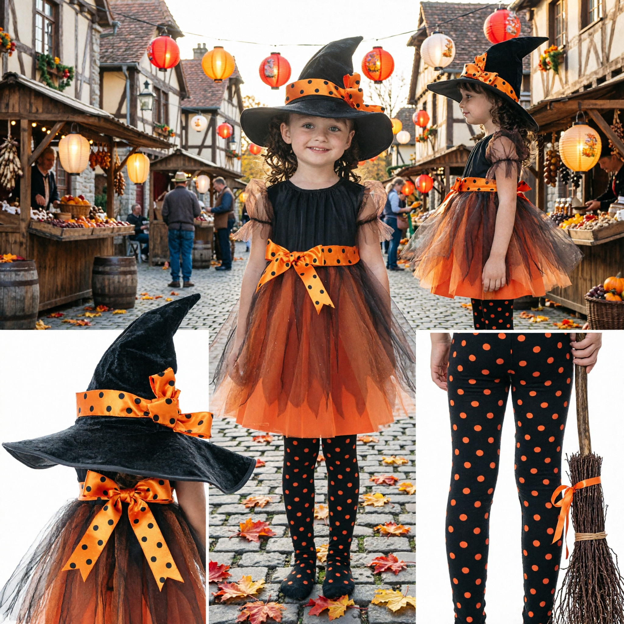 Girls Witch Costume Halloween Dress with Tulle Skirt Hat and Broomstick for Kids Trick or Treat Party
