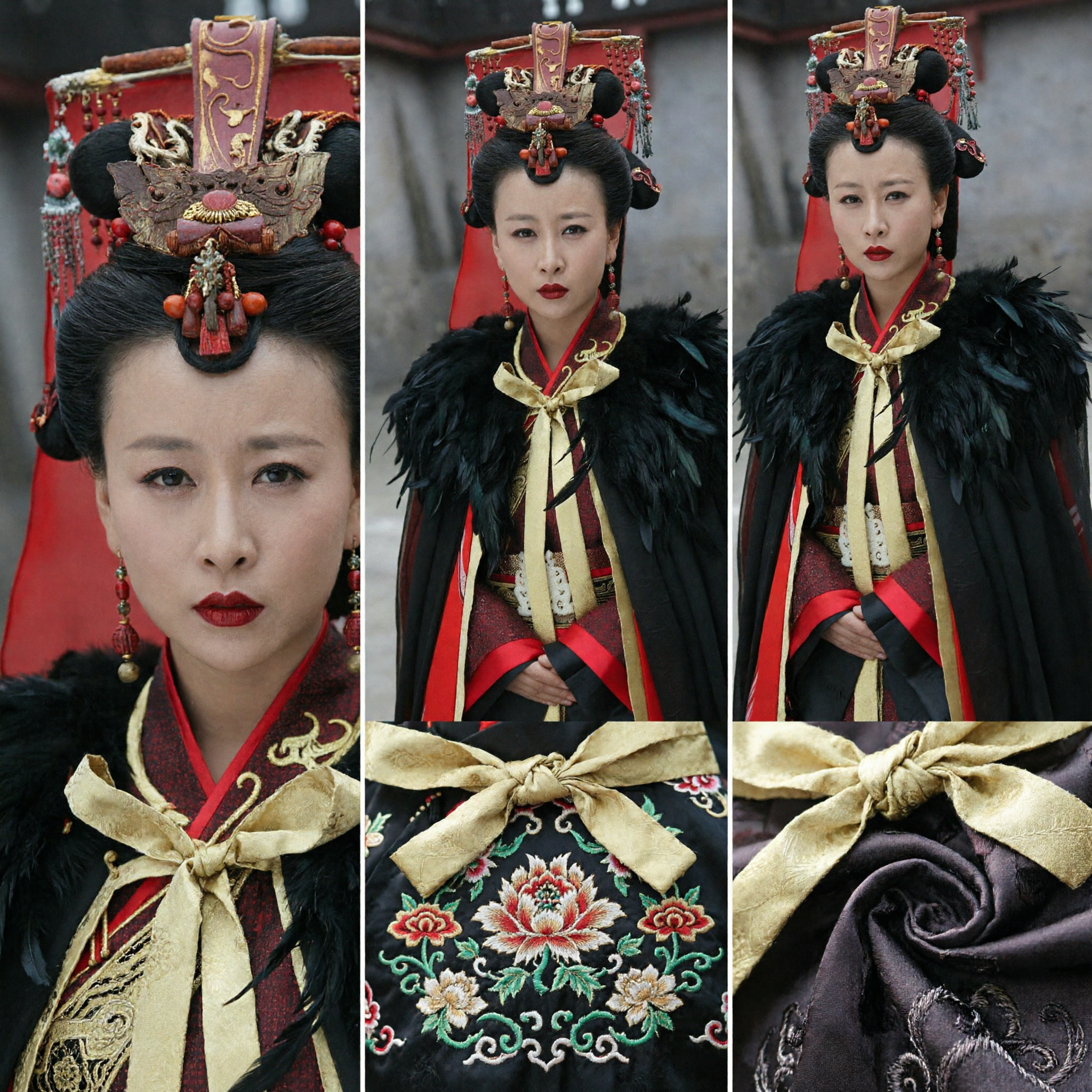 Ancient Chinese Royal Empress Costume Historical Drama Cosplay Outfit with Black Feather Cloak