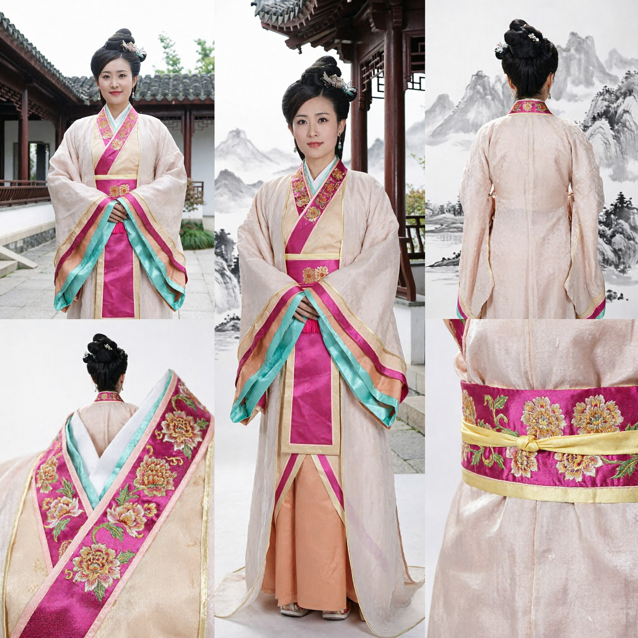 Ancient Chinese Hanfu Costume Women Traditional Beige and Pink Historical Dress for Cosplay Events